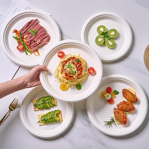 Miniatura 3 de JOLLY CHEF Platos 100% compostables resistentes de 10 pulgadas (paquete de 300) platos de papel blanco desechables ecológicos hechos de bagazo