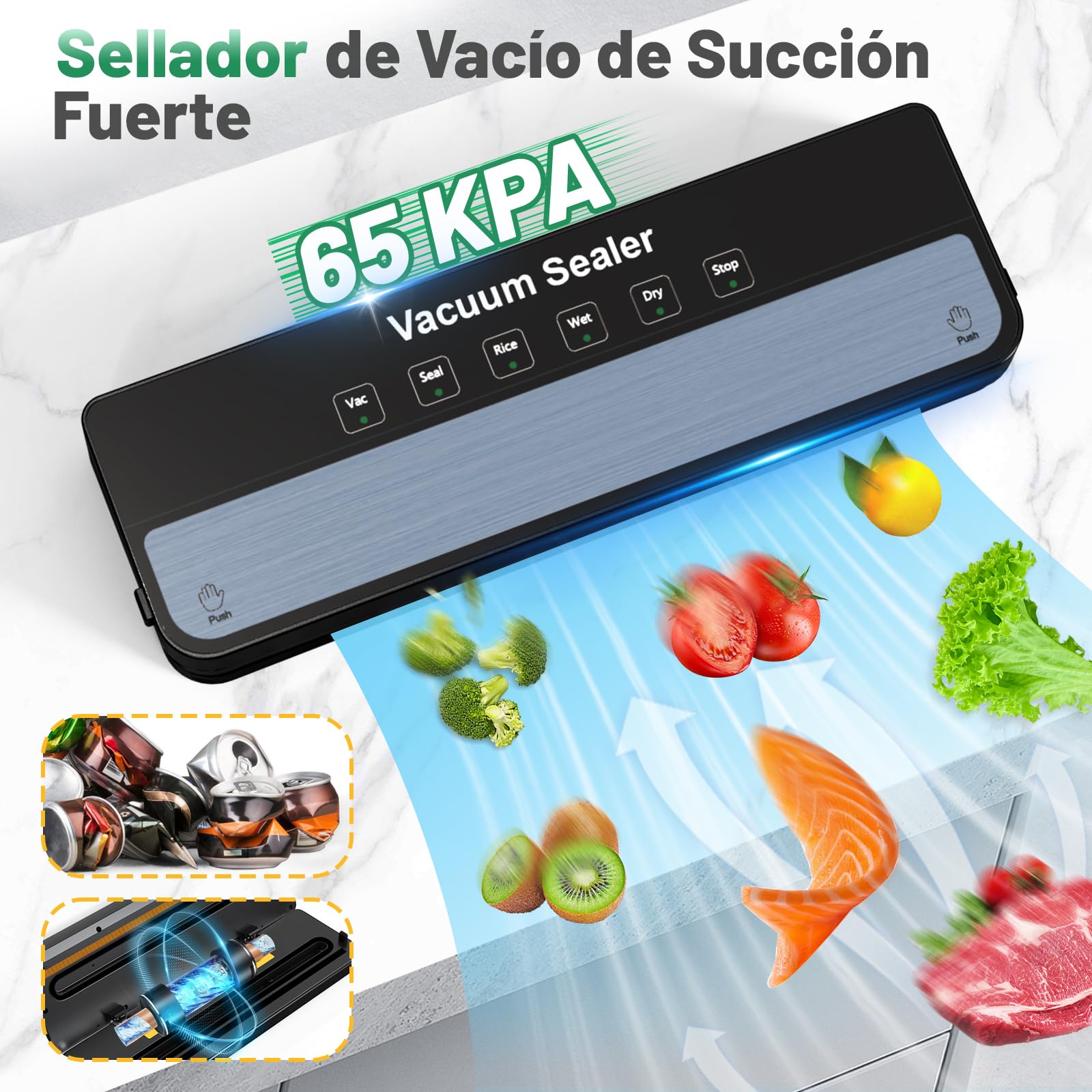 Raycial Envasadora al VacíO 5 en 1 Con Bolsas de Envasado al VacíO, Sellador al Vacio de Alimentos Secos Y HúMedos, Maquina al Vacio de Alimentos para Alimentos, Compacta, Totalmente AutomáTica