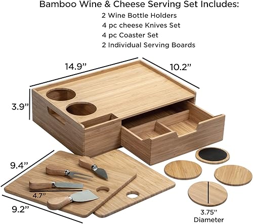 Miniatura 2 de Mobilevision Bandeja de bambú para servir vino y queso con cajón para almacenamiento adicional, incluye posavasos, cuchillos de queso, tablas de