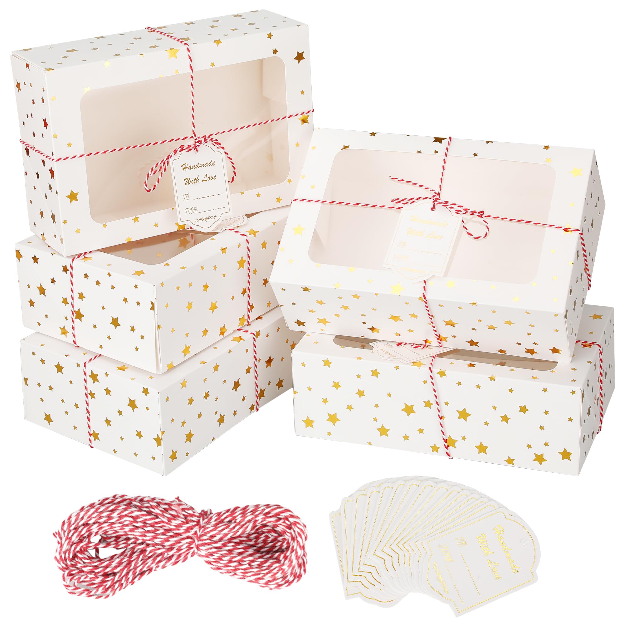 Zzrywuty 24 PCS Christmas Cookie Boxes for Gift Giving Golden Star White Bakery Boxes with Window,Christmas Treat Boxes for Pastry Dessert Cupcakes Mini Cake Pie Candy Donut,Baking Goods Packing Box
