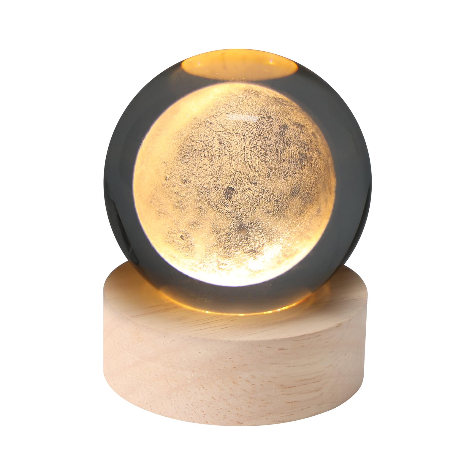 Lampada Luna 3D In Sfera Di Cristallo, Diametro 8 Cm, Con Base In Legno E Luce LED USB - Decorazione Notturna, Regalo Originale, Prodotto Italiano