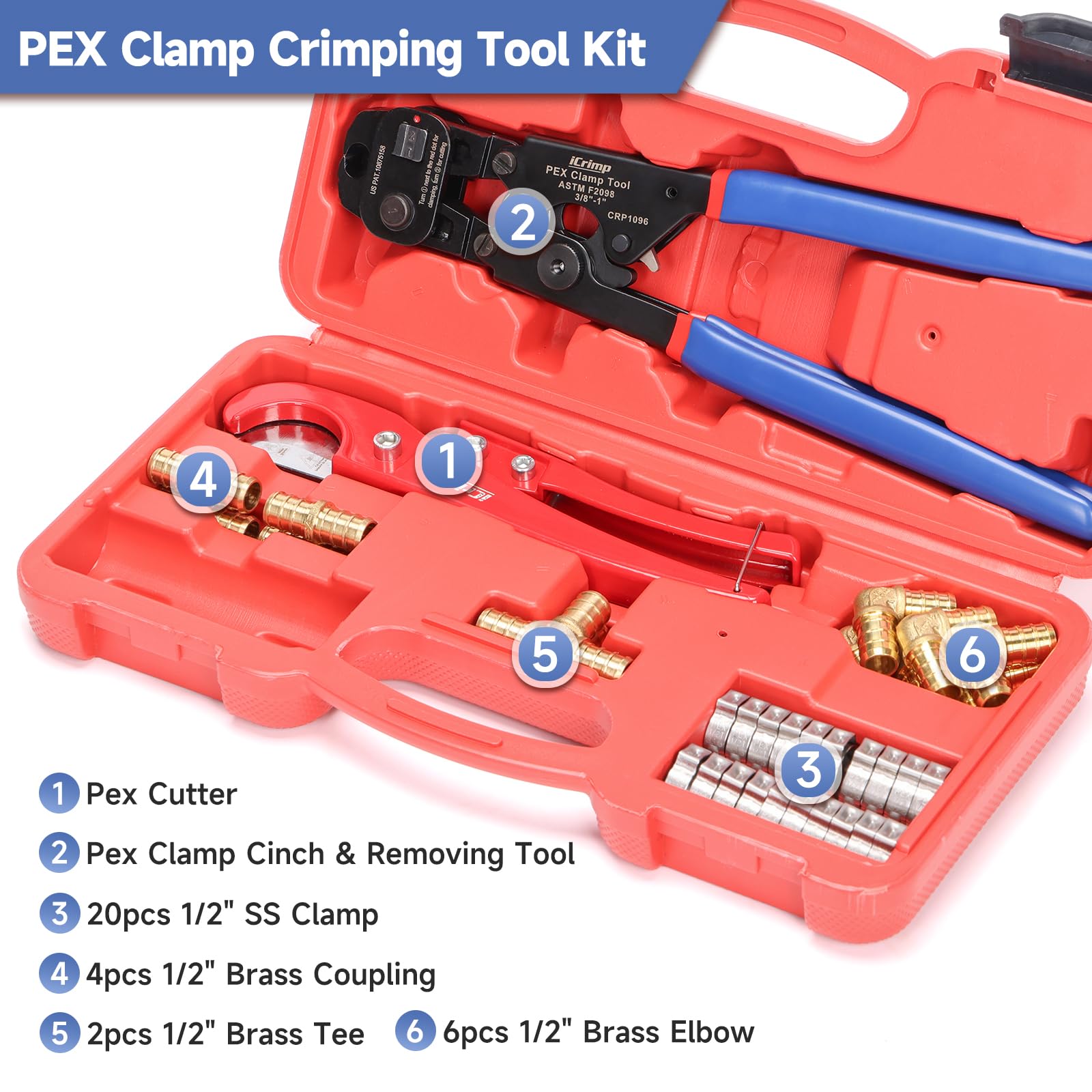 iCRIMP Herramienta de trinquete con función de extracción para abrazaderas de acero inoxidable de 3/8 a 1 pulgada y 20 abrazaderas PEX de 1/2 pulgada y 12 accesorios Pex de 1/2 pulgada