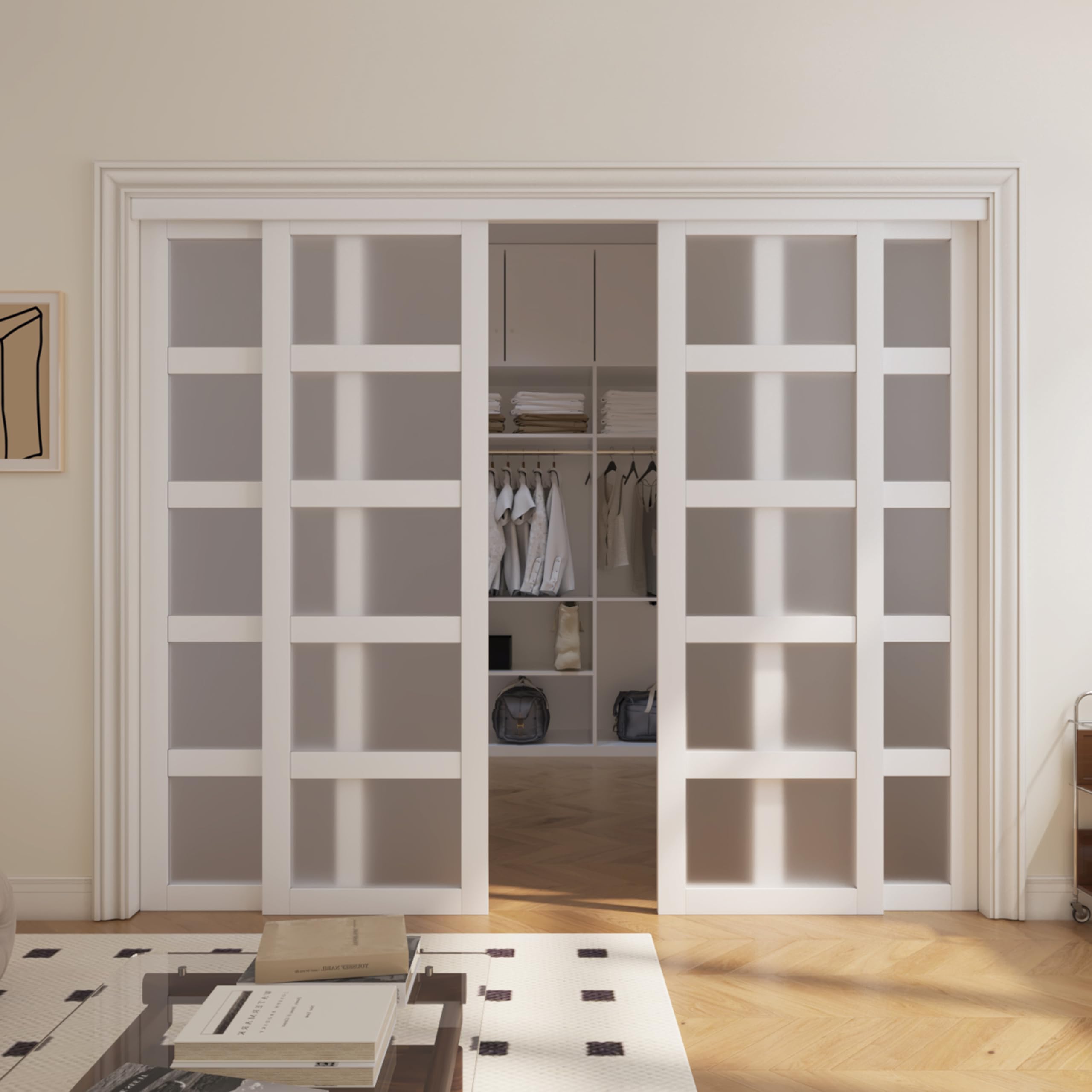 Double Sliding Closet Door, 96''(Double 48") x 80", 5-Lite Frosted Glass Sliding Door with Hardware Track Kit & Floor Guide, Pre-Drilled Door Panel Need to Assemble, MDF, White