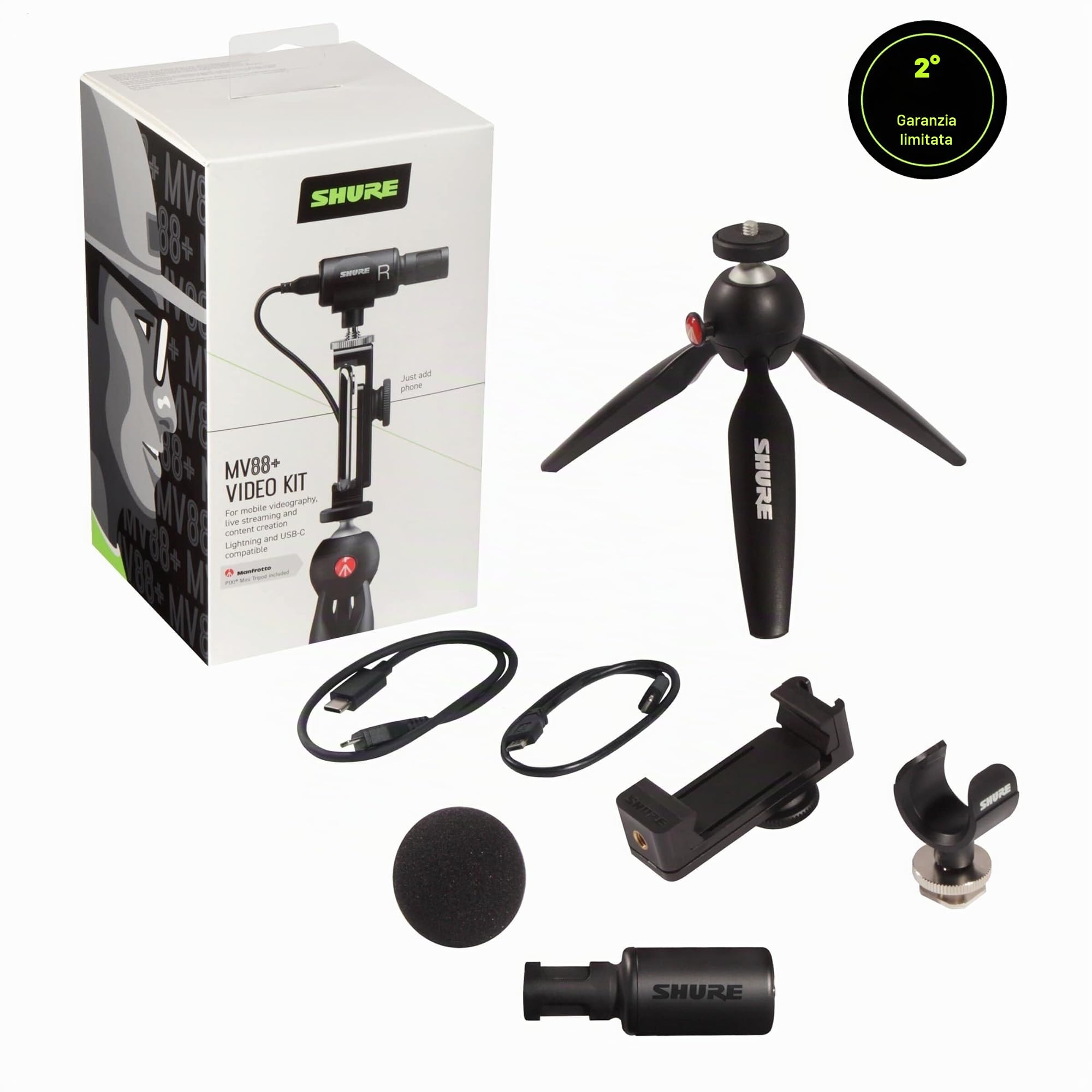 Shure MV88+ Kit Cablato Microfono digitale stereo a condensatore Kit video per Apple e Android, con treppiede Manfrotto PIXI, morsetto per telefono, supporto, cavi iOS e USB-C