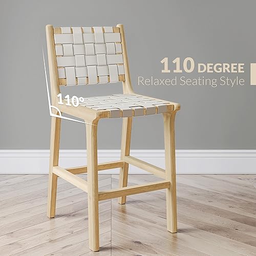 Miniatura 4 de BELLEZE Taburetes de mostrador tejidos de piel sintética de 24 pulgadas, taburetes de bar bohemios con respaldo, taburetes de cocina de madera,