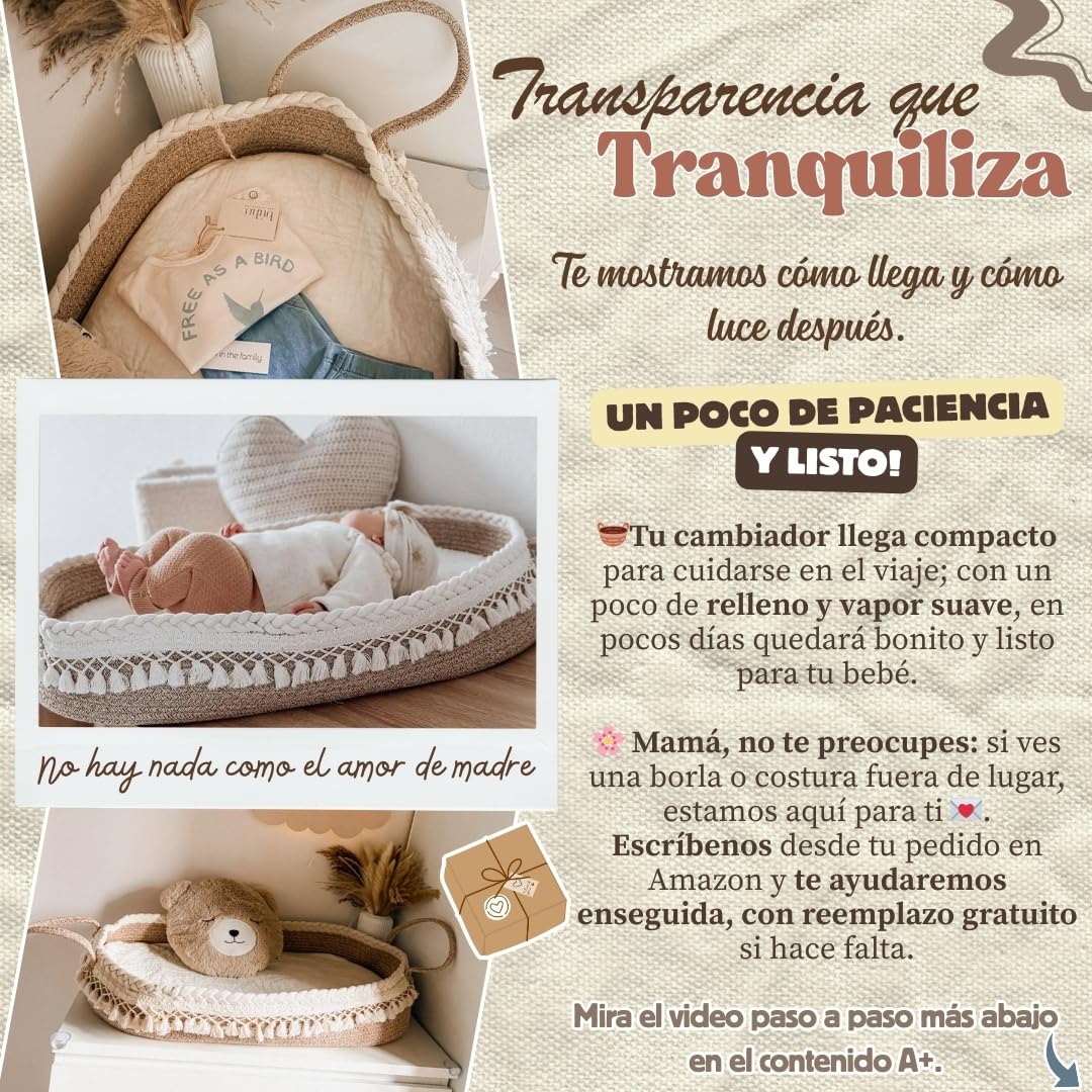 SEBRAM Cesta Cambiador Bebé + Colchón cambiador Impermeable limpieza rápida suave y acolchado - Cambiador de pañales Portátil y Plegable con Bolsa de Viaje | Diseño Elegante Boho (Beige)