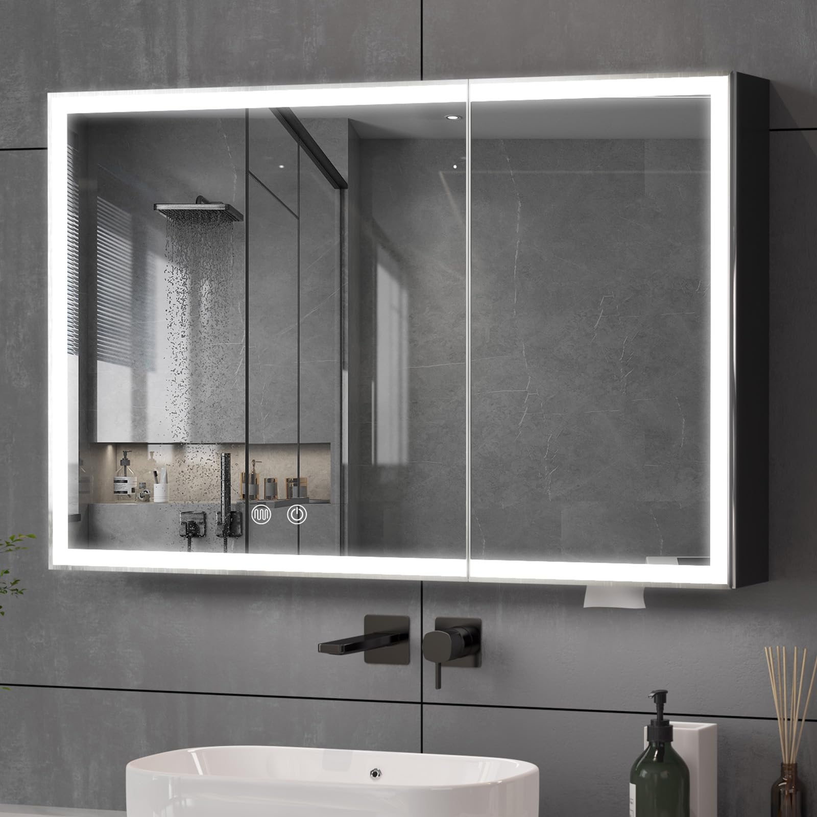 Buildonely Armario con espejo de 90 x 60 cm, armario con espejo para baño con iluminación LED, armario de baño con función antivaho y espejo, control táctil, color negro, 3 temperaturas de color