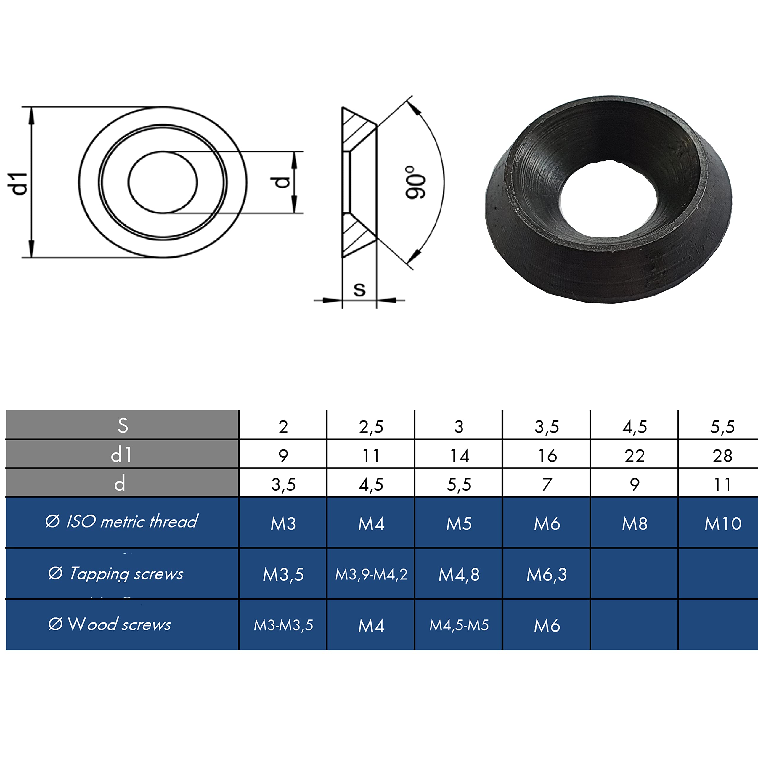 Solid Black Countersunk Finishing Washers Stainless Steel Cup (20, M8) - Image 2