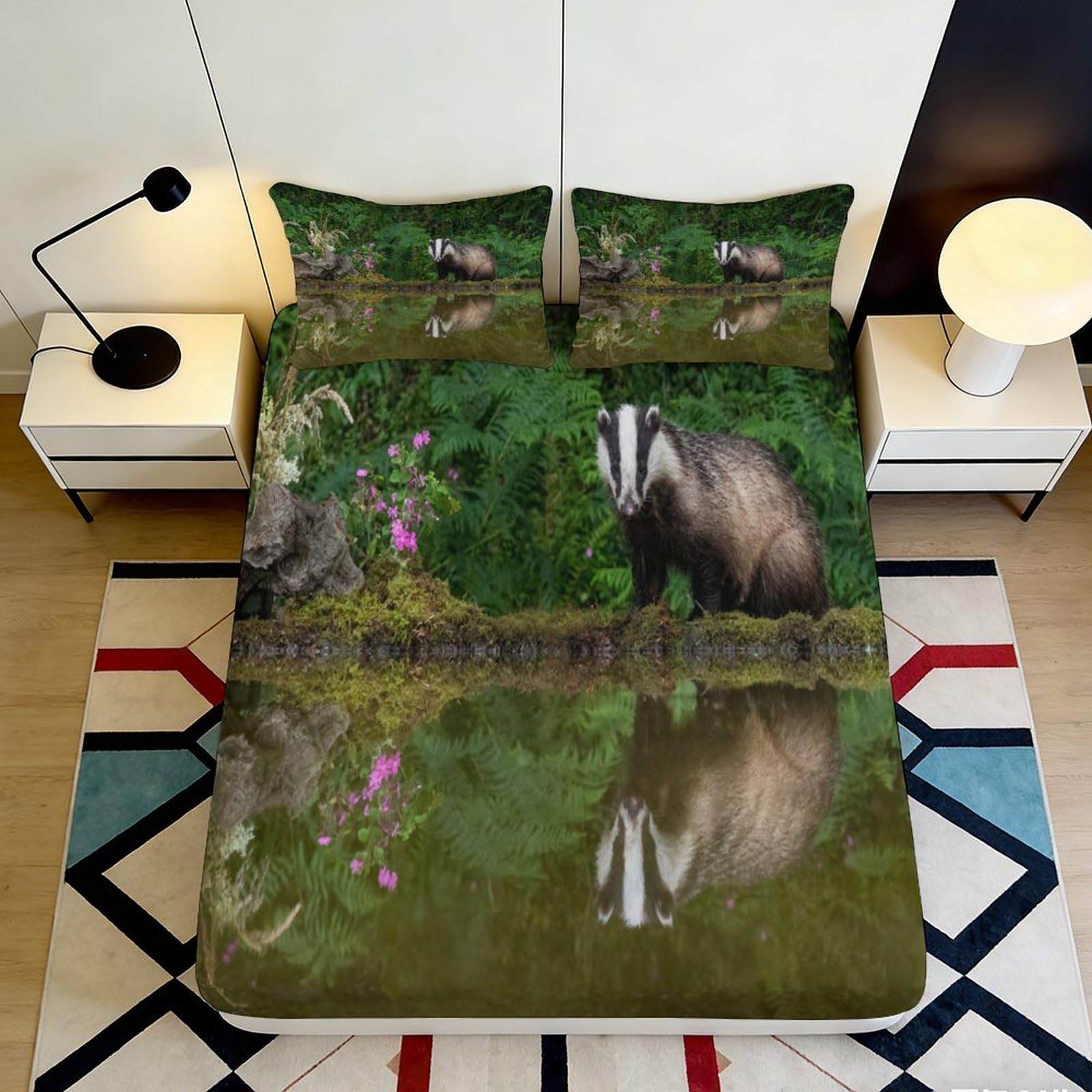 3D Printed Forest Badger Fitted Sheet Microfiber Soft Anti-Slip Woodland Reflection Mattress Cover Bedroom Decor 90x200x25cm