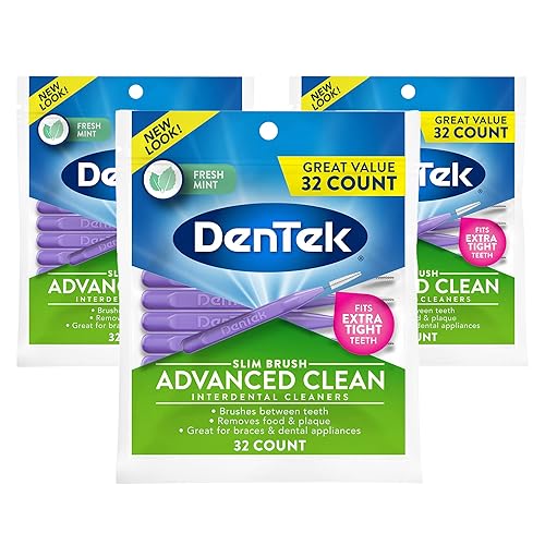 DenTek Slim Brush - Limpiadores interdentales Cepillos entre dientes Dientes extra apretados Sabor menta 32 unidades Paquete de 3