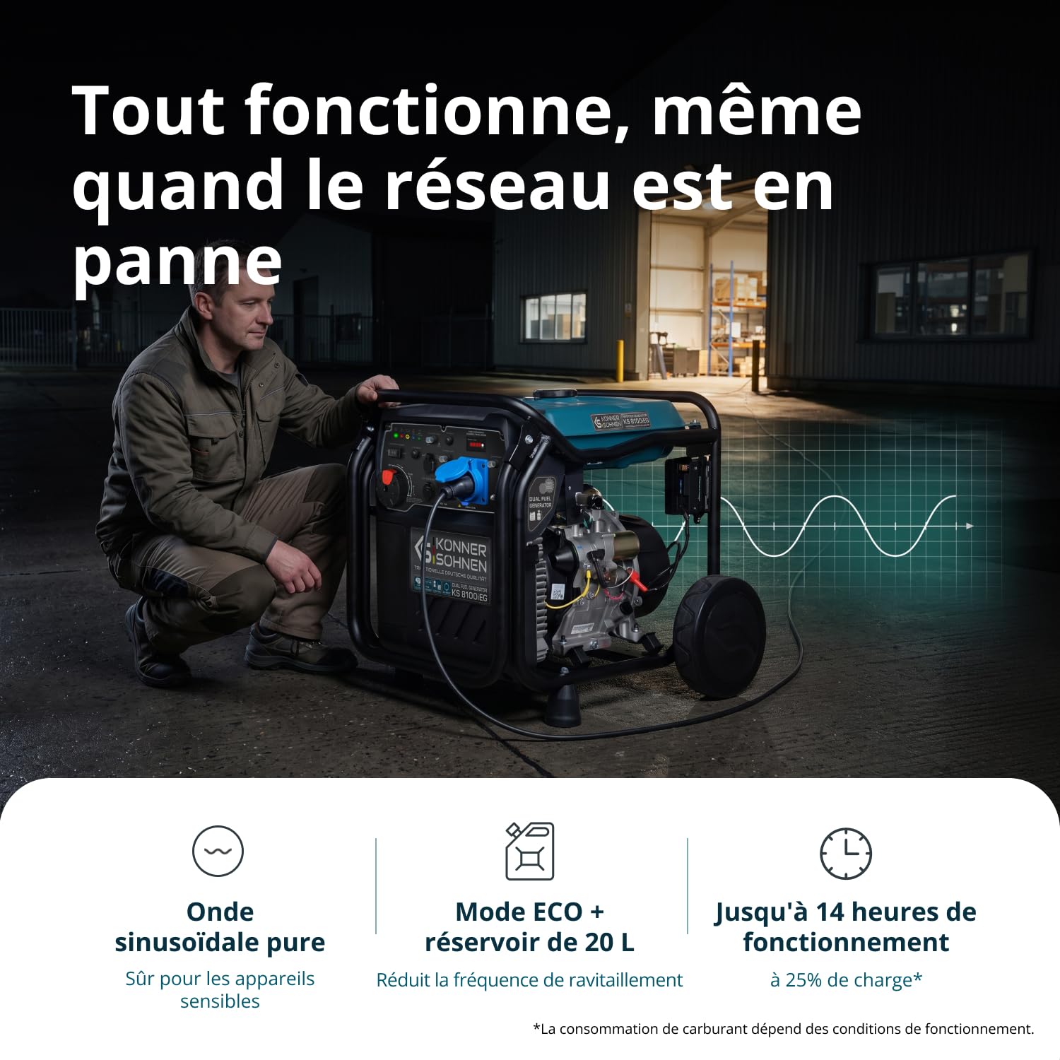 Groupe électrogène inverter à essence/gaz Könner & Söhnen KS 8100iEG, puissance maximale 8000 W, affichage LED, mode d’économie de carburant, enroulement en cuivre, EURO V. Générateur onduleur.