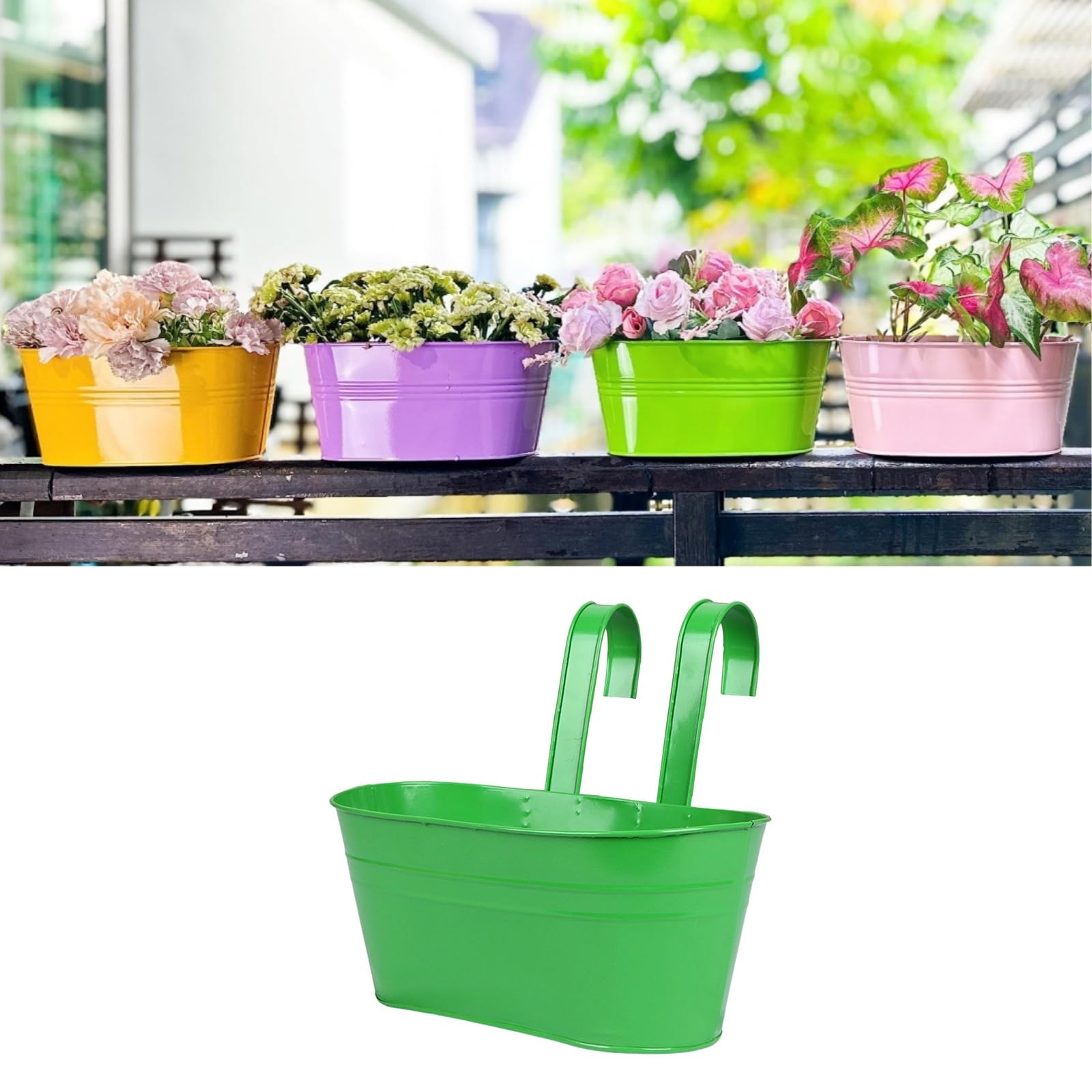 Metal Hanging Flower Pots, Large Plant Pot with Detachable Hooks Balcony Planters for Outdoor, Iron Plant Pots Hanging Fence Planters for Fence Balcony Garden Home Decor (Green)