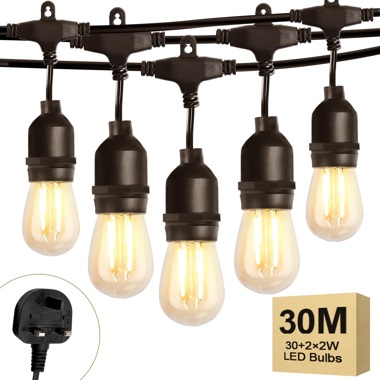 Spacelumen 98FT Outdoor String Lights Mains Powered, 32 Pcs 2W S14 LED E27 Screw Bulb, 2700K Warm White S14 Garden String Festoon Lights for Patio Party Wedding Yard Gazebo — image 1