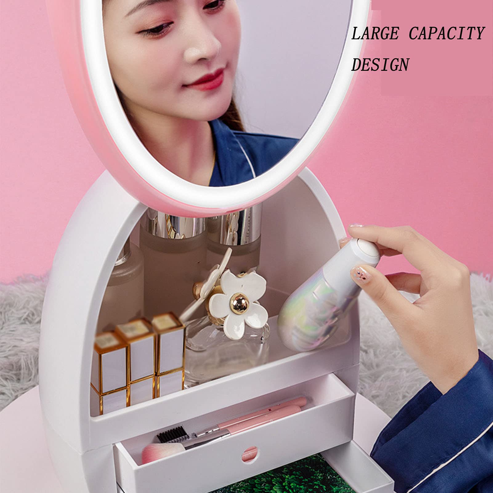 Barmalmnh Organizer per trucchi, scatola per trucchi di bellezza, impermeabile e antipolvere, organizer professionale per trucchi da viaggio, specchio per il trucco con luce rotante a 360 gradi,