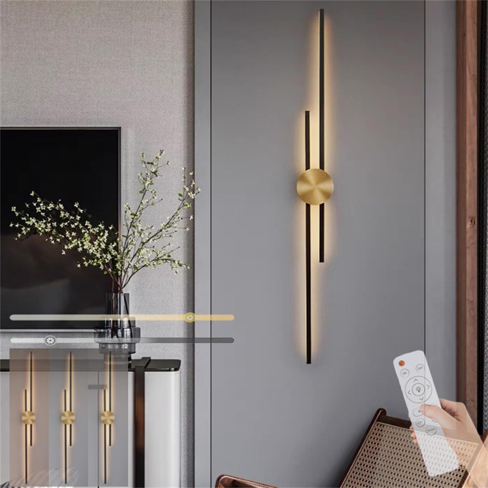 Lampa ścienna do wnętrz, możliwość ściemniania z pilotem zdalnego sterowania, LED, długa, aluminiowa, do salonu, korytarza, schodów, czerni i złota (122 cm, czarny)