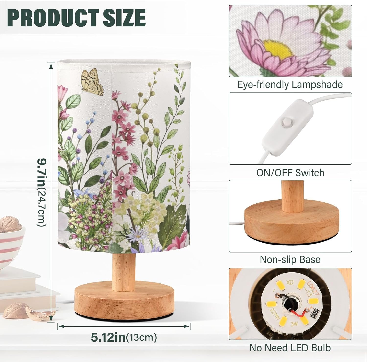 senya Flower Table Lamp for Bedroom Living Room, Spring Wild Flowers Butterfly Bedside Lamps with USB Charging Ports Nightstand Light Lamps