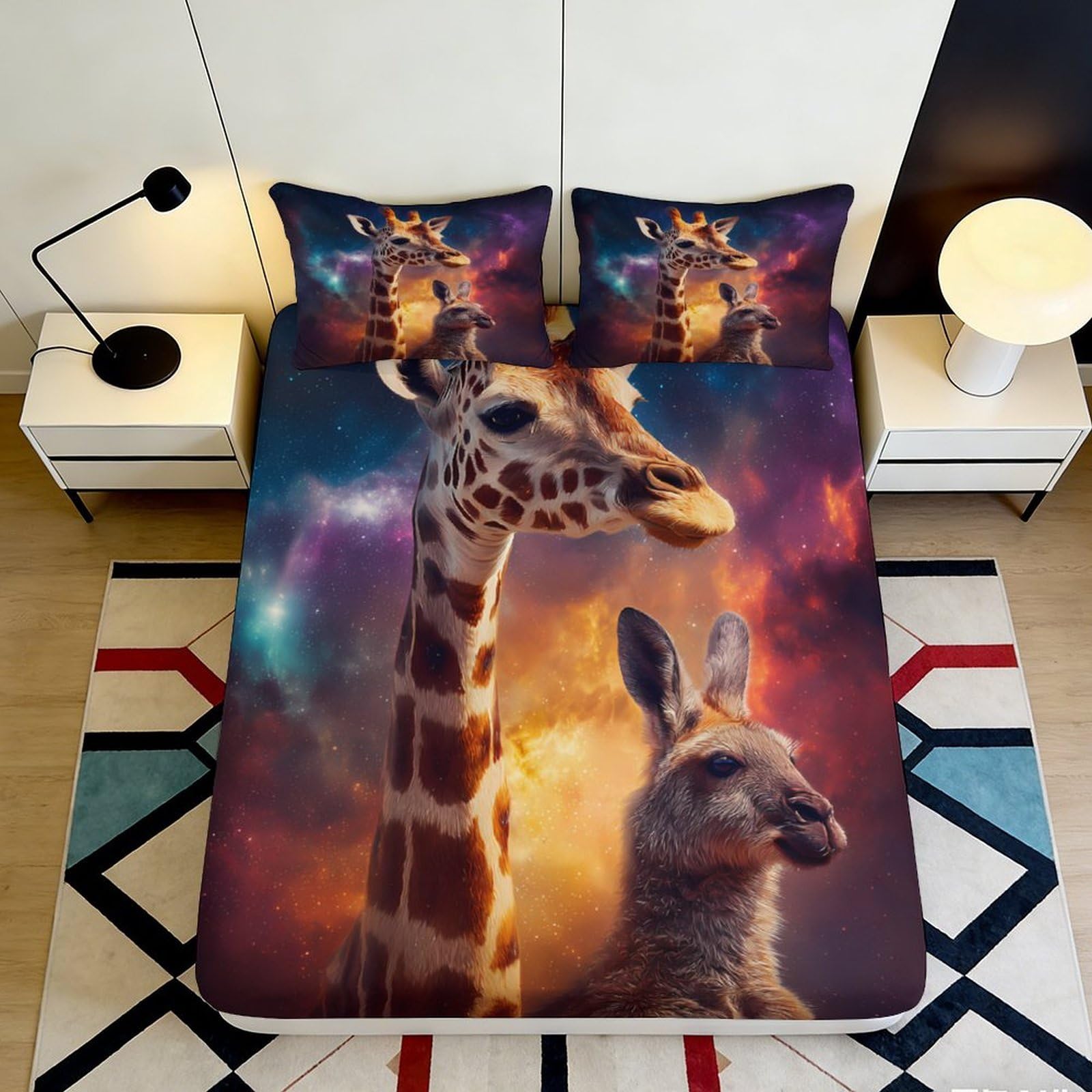 3D Printed Giraffe Galaxy Fitted Sheet Microfiber Soft Breathable Nebula Mattress Cover for Bedroom Dorm Decor 118 120x200x25cm