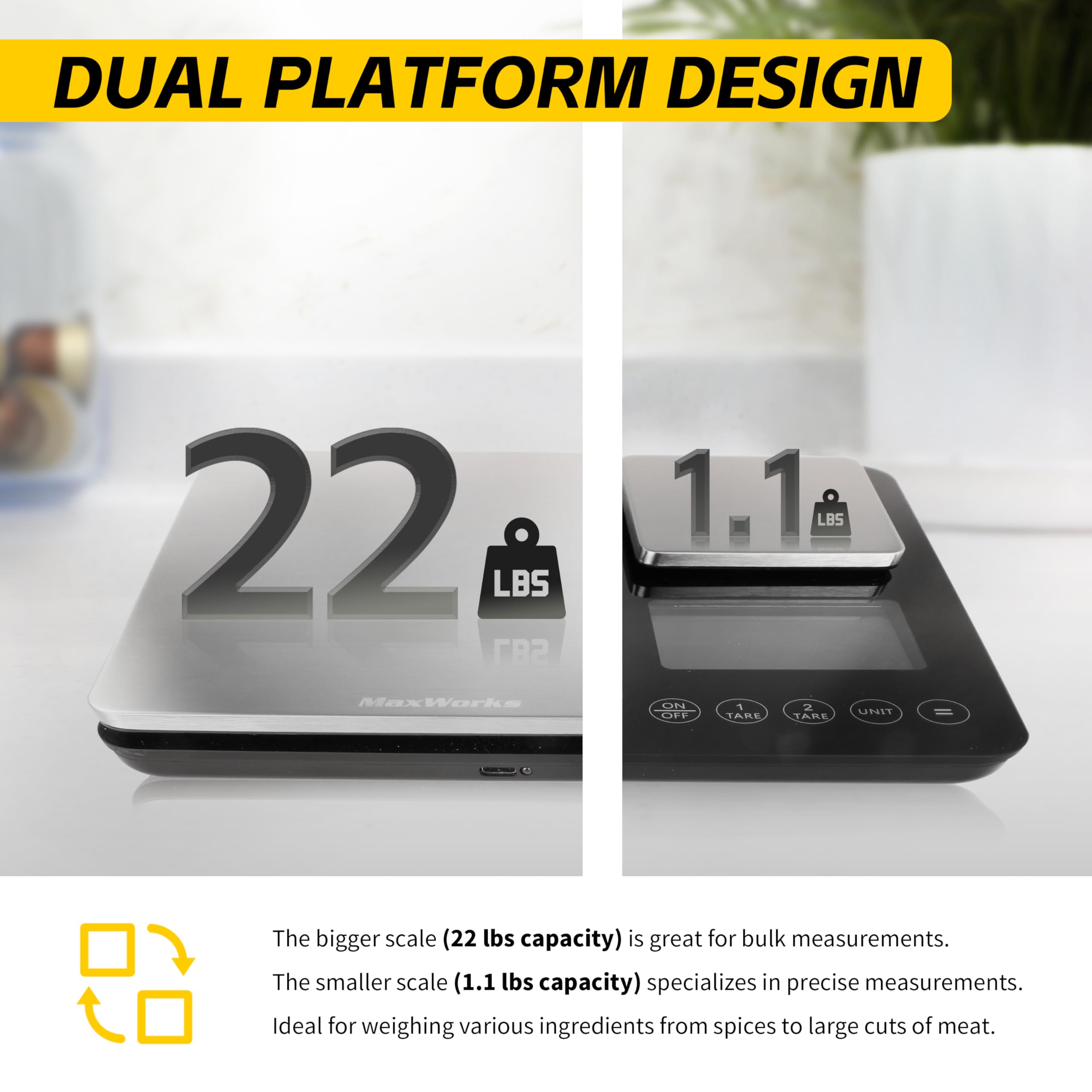 MaxWorks Bilancia da cucina digitale a doppia piattaforma, capacità 10 kg, 28 x 17,8 x 3 cm, unità g kg, lb oz ml, unità di conversione in acciaio inox con vetro temperato + HIPS