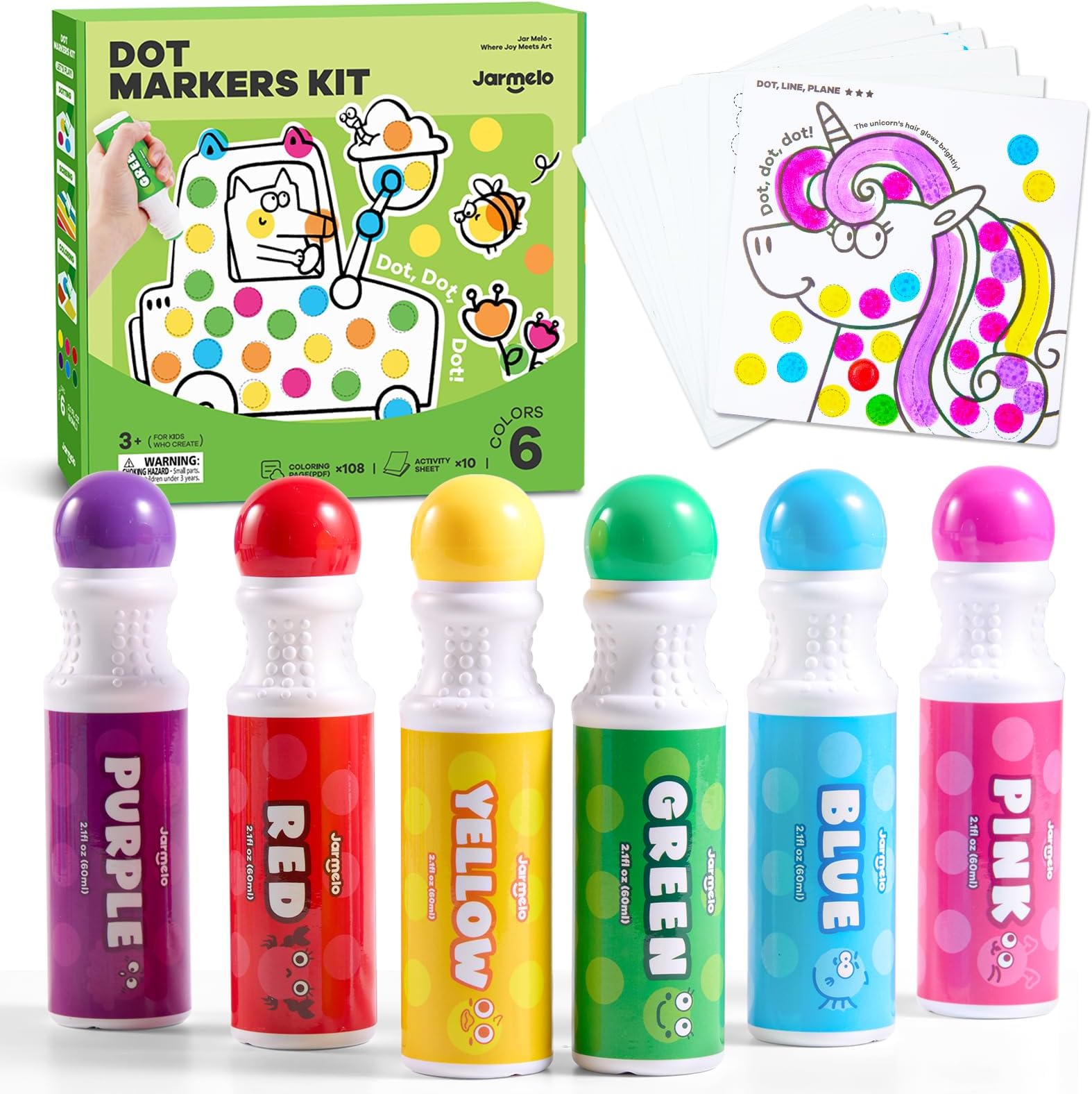 Jar Melo Washable Dot Markers for Toddlers, 6 Colors Bingo Dabber Pens with 120 PDF & 10 Activity Papers, Arts and Crafts Supplies for Preschool, Kids Ages 2-4 Years Old