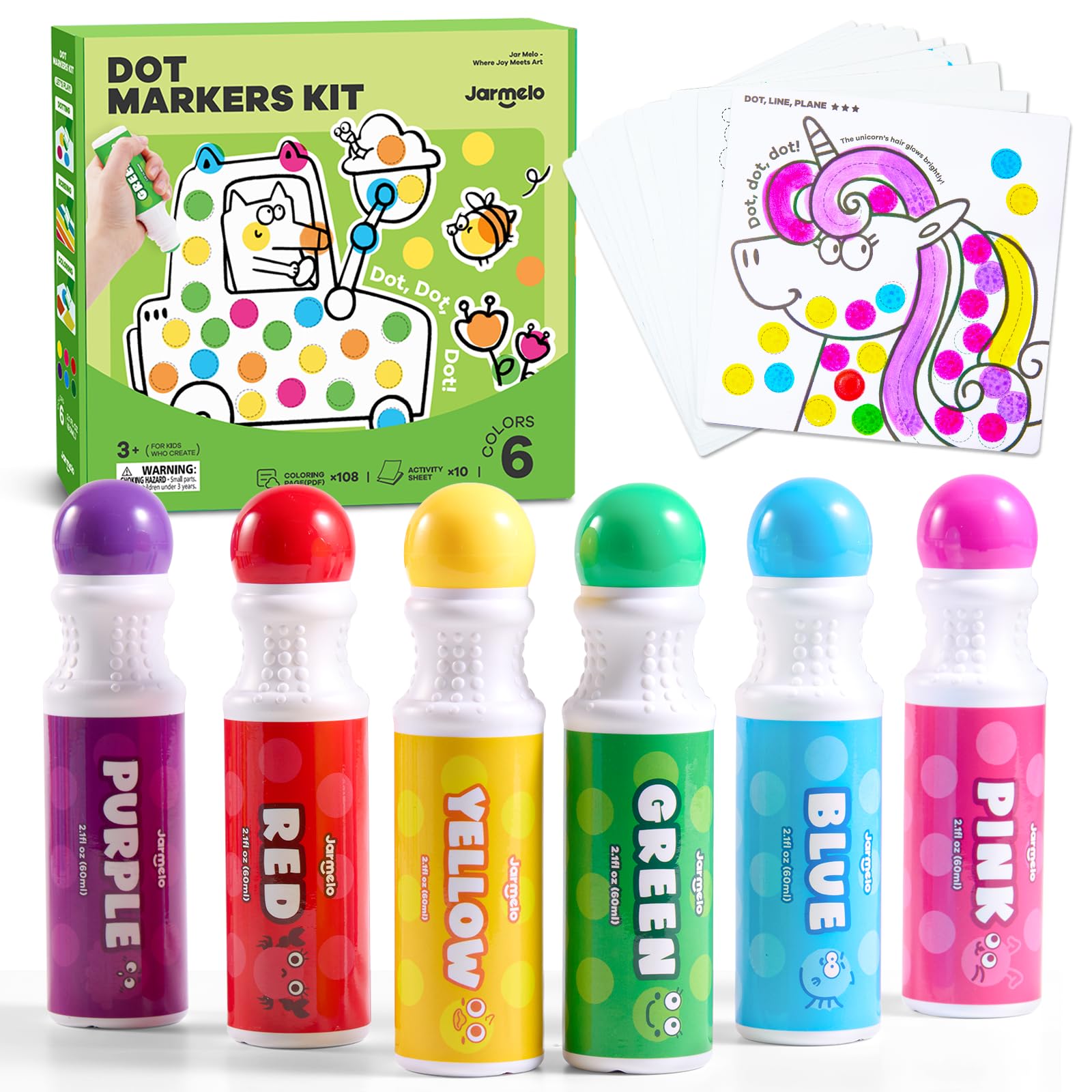 Jar Melo Washable Dot Markers for Toddlers, 6 Colors Dot Paints with 120 Printed PDF & 10 Activity Papers, Non-Toxic Bingo Markers for Kids Arts and Crafts Gifts