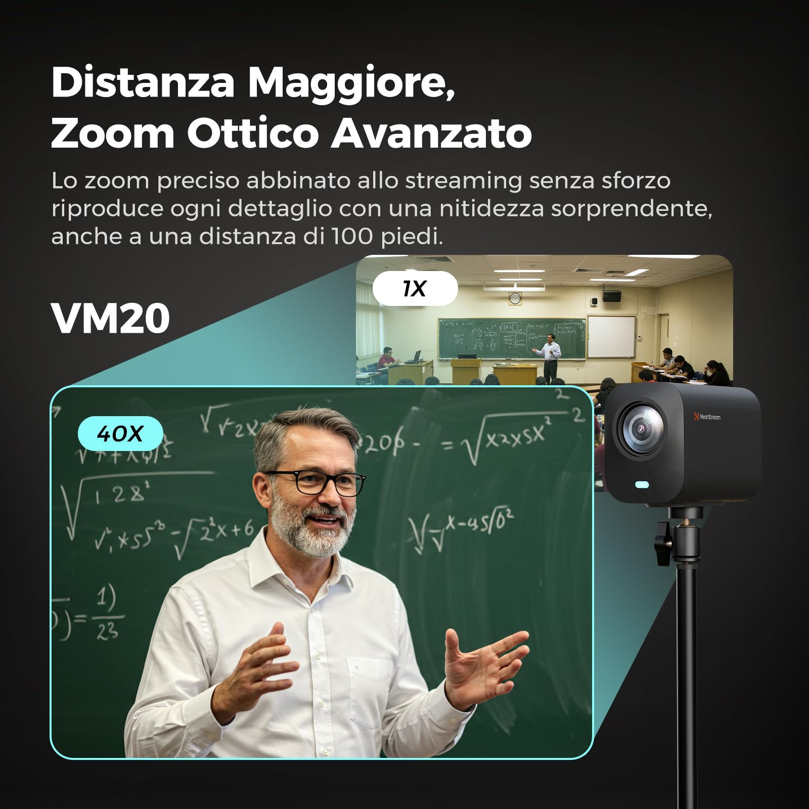 NearStream VM20 Telecamera 4K di streaming cablata con zoom ibrido 40x | Telecomando, 8 microfoni con cancellazione del rumore, Plug & Play, webcam HDMI/USB/RJ45, predisposta per multicam.