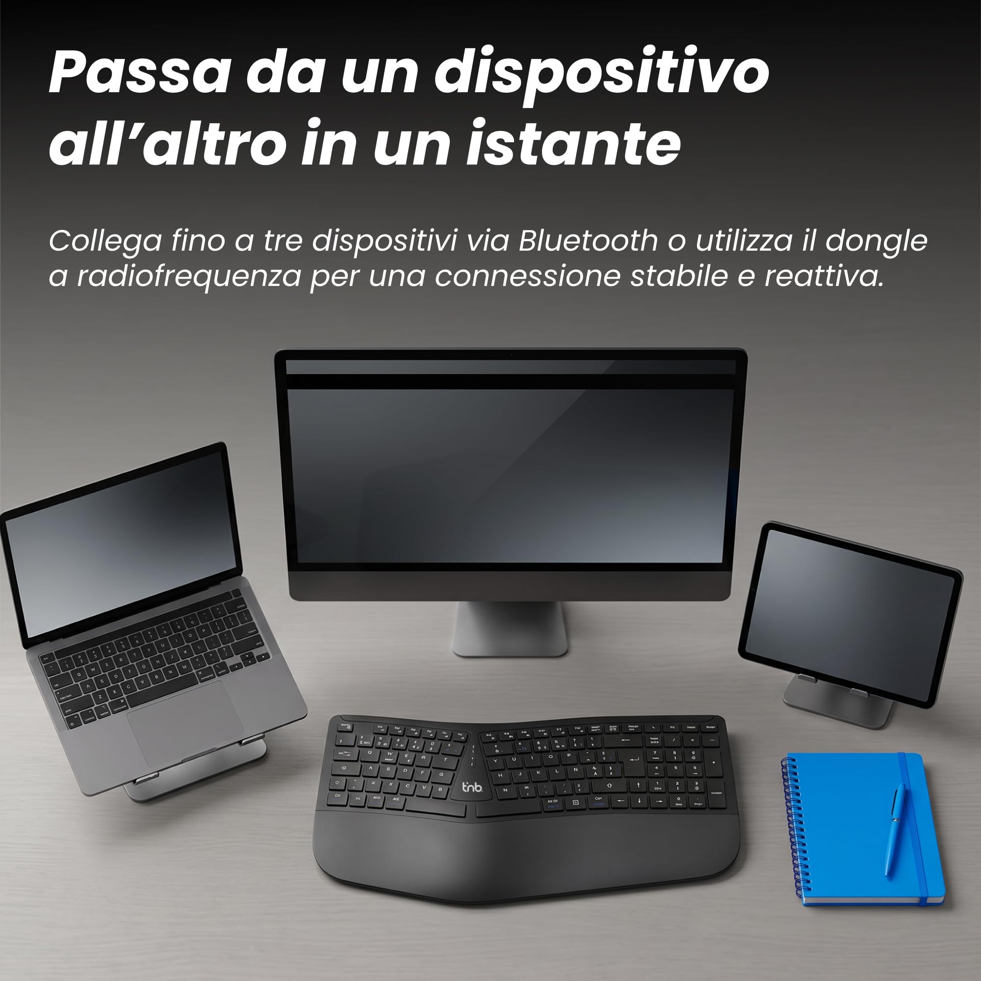 T'nB Ergo Key Pro - Tastiera ergonomica senza fili, doppia connessione | Bluetooth e 2,4 GHz, Poggiapolsi in finta pelle, AZERTY francese, Windows e macOS, nero