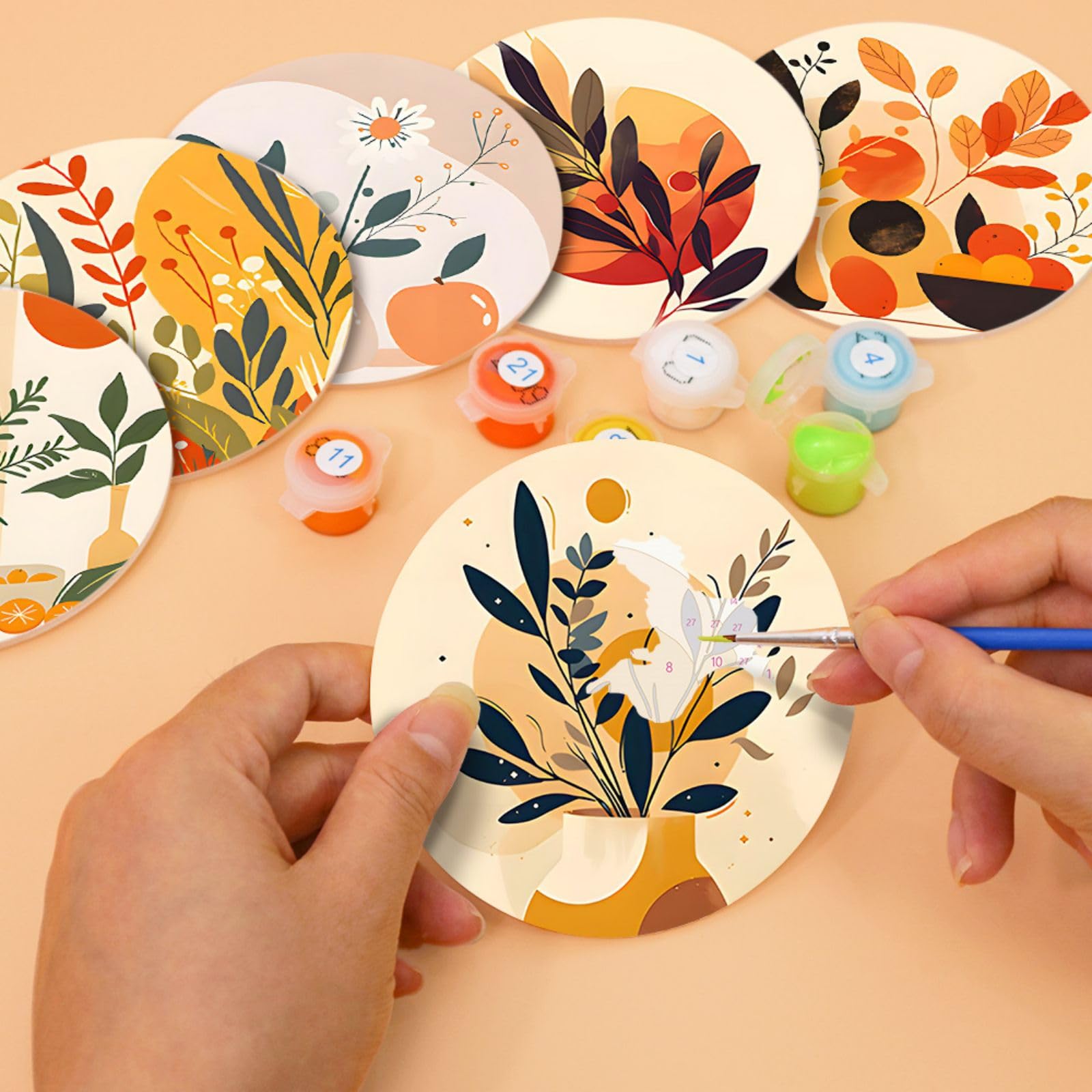 Set De 6 Sous-verres Peinture Par Numéros – 10 Cm – Motifs Végétaux Abstraits – Avec Pinceaux Et Peintures – Débutant
