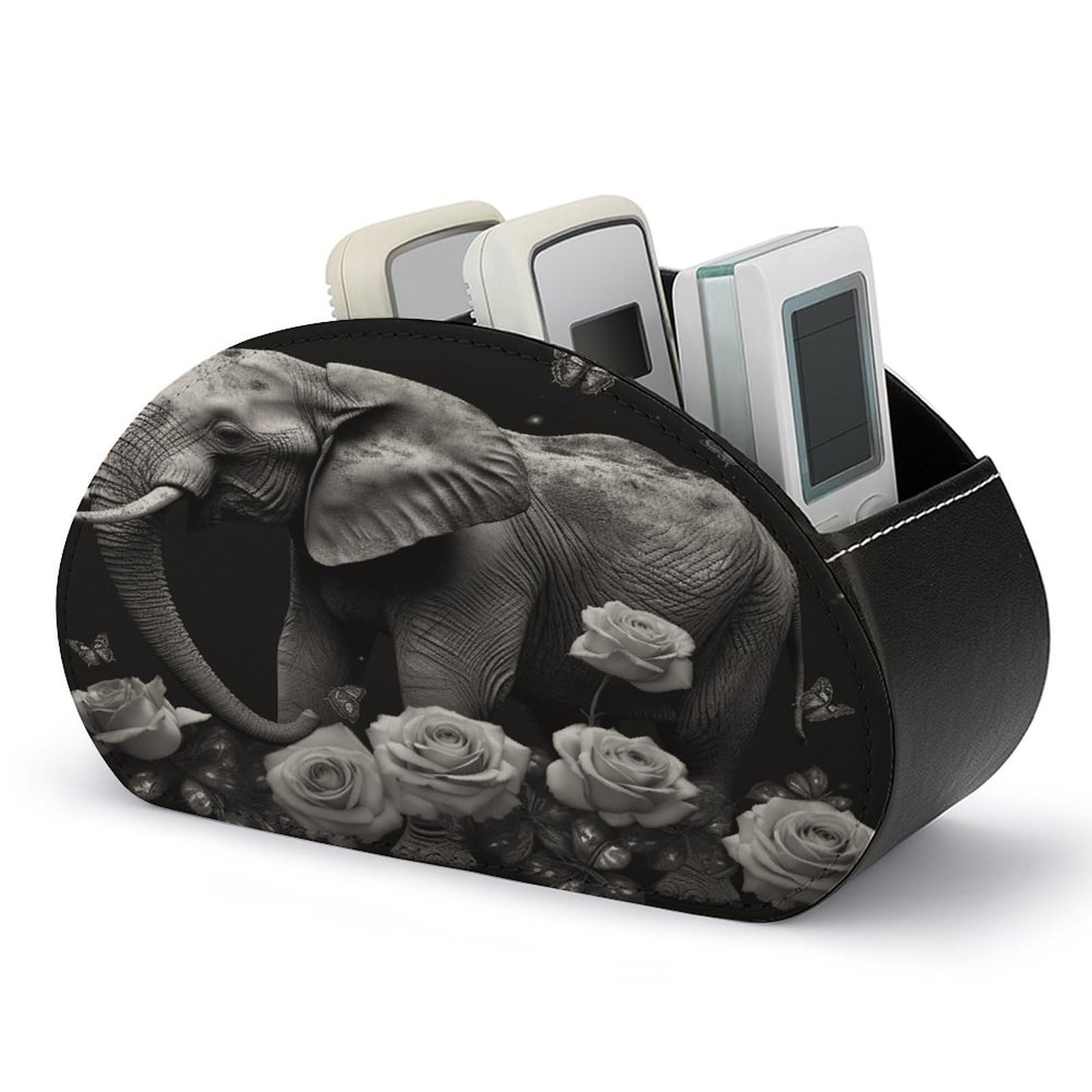 VstaDank Elephant And Butterfly Remote Control Holder with 5 Compartments PU Leather TV Remoter Caddy Desktop Organizer TV Remote Holder Remote Box for Media Controllers Office Supplies