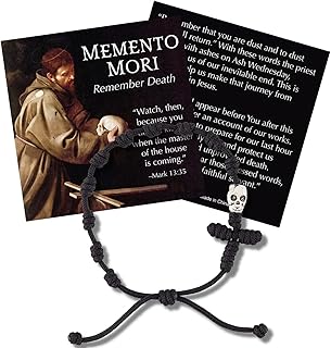 Black Memento Mori Knotted Rosary Bracelet with Prayer Card, Stoicism Gifts, 7.5 Inches, Adjustable
