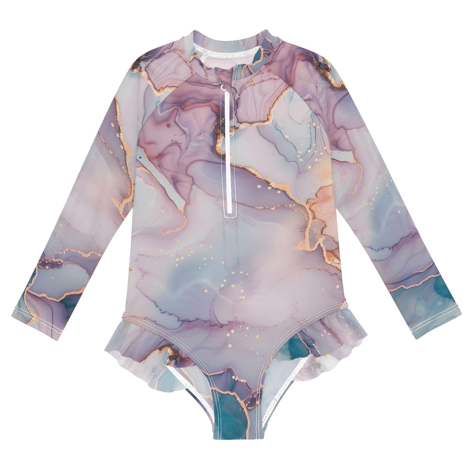 ALAZA Swimsuit for Girls Long Sleeve Rashguard Bathing Suit White Pink Marble Quick Dry 4T