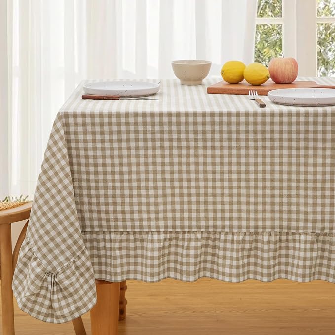 KKJIAF Taupe Gingham Tablecloth 52 x 70 Inch, Cotton Plaid Tablecloth with Ruffle Edge Design, Linen Feel Classic Farmhouse Checkered Table Cover for Kitchen Parties Living Room Decoration