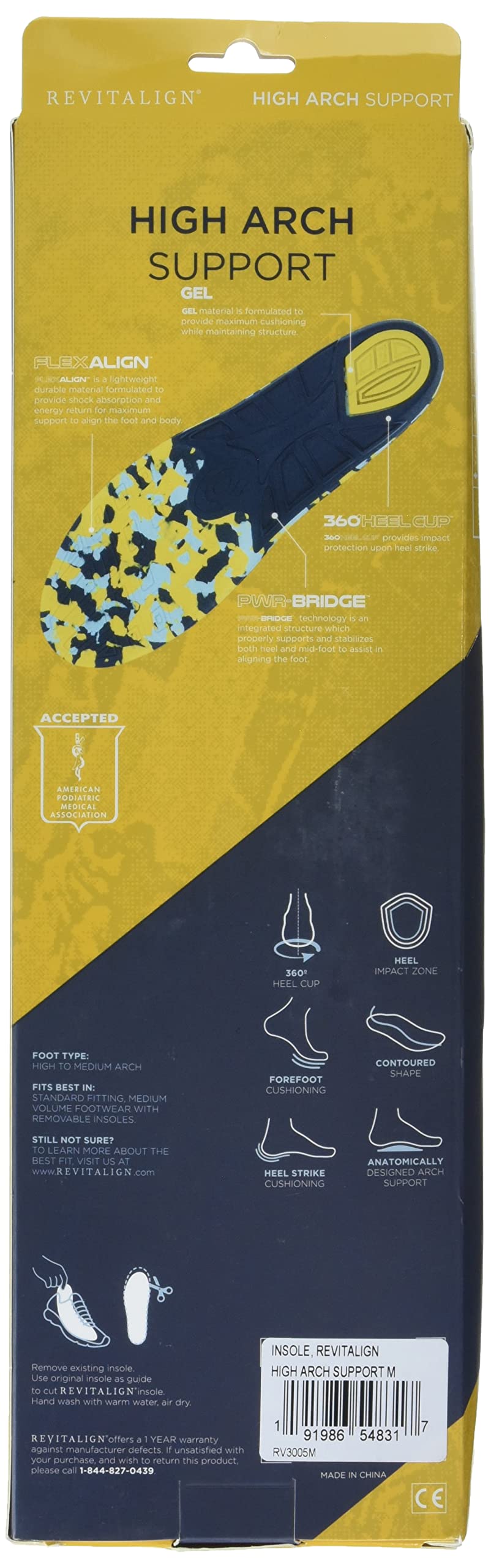 REVITALIGN Soletta di supporto per arco plantare alto, unisex, giallo, W 7-8,5 / M 6-7,5