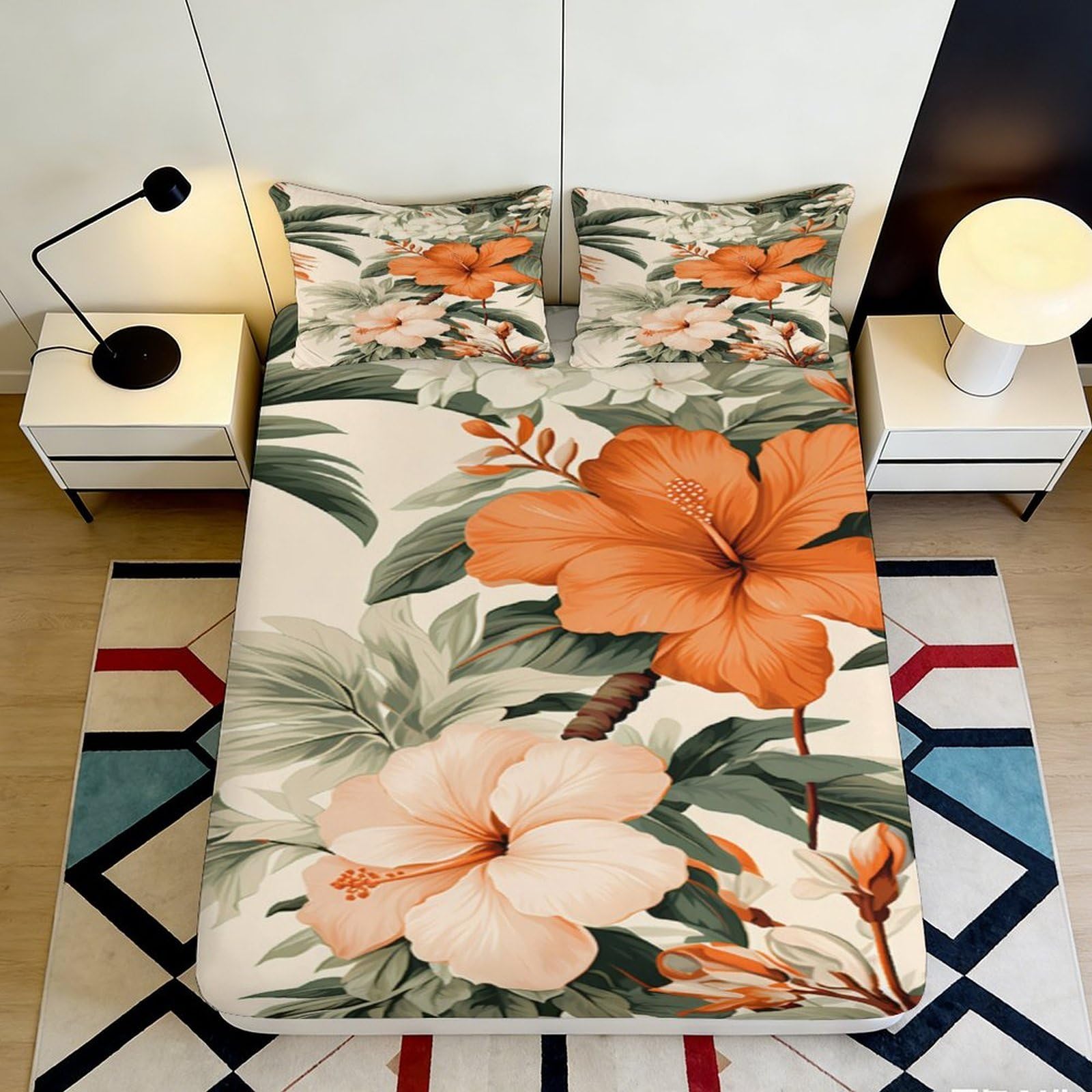 Pnayamiorkfel Style-7 3D Printed Tropical Hibiscus Fitted Sheet Microfiber Soft Floral Bed Cover For Bedroom Guest Room Dorm Mattress Protection Decor 90X200x25cm