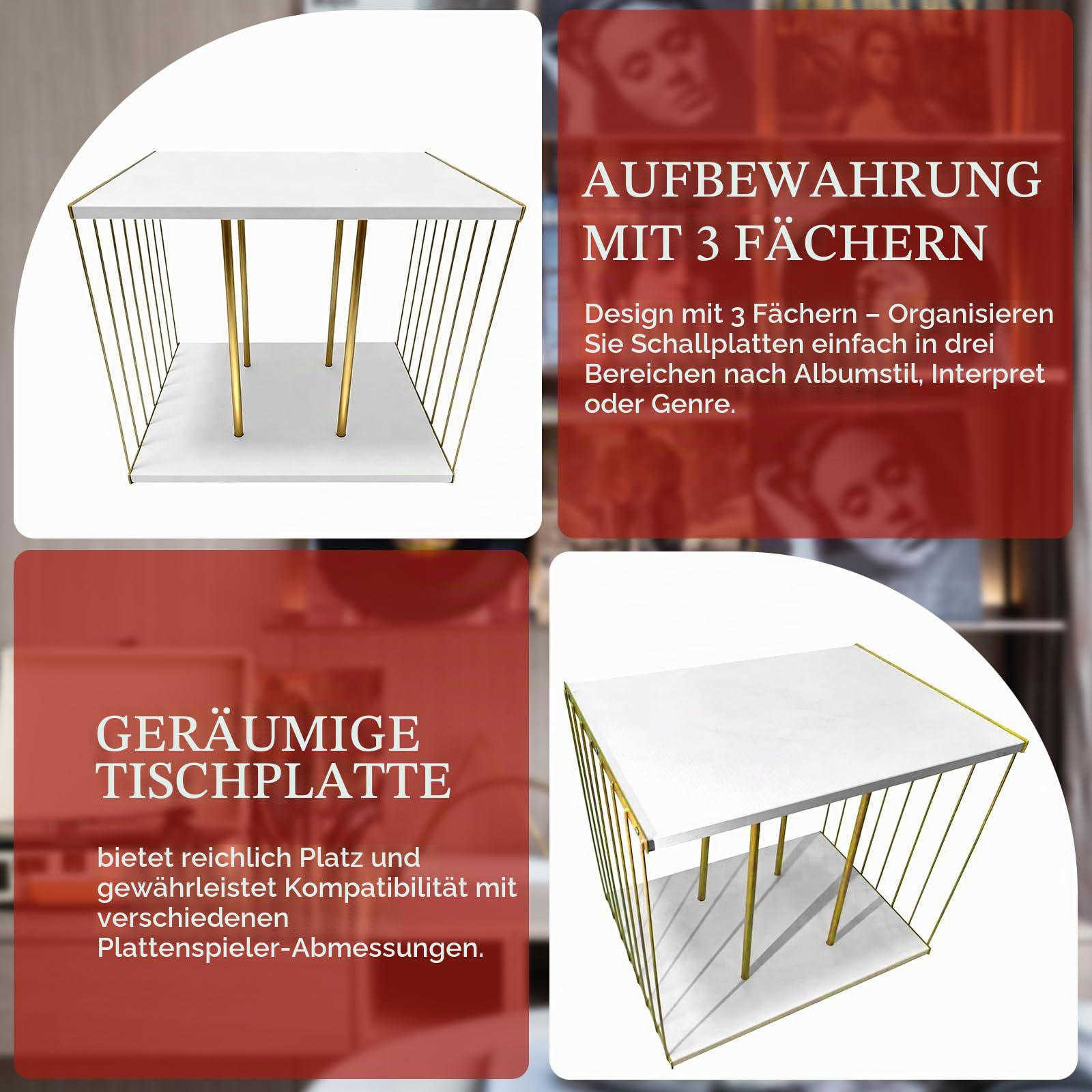 Schallplatten Aufbewahrung, Schallplattenständer für 80-100 LPs, Holz & Metall Vinyl Schallplatten Halter Organizer für Bücher, Fotoalben, Zeitschriften