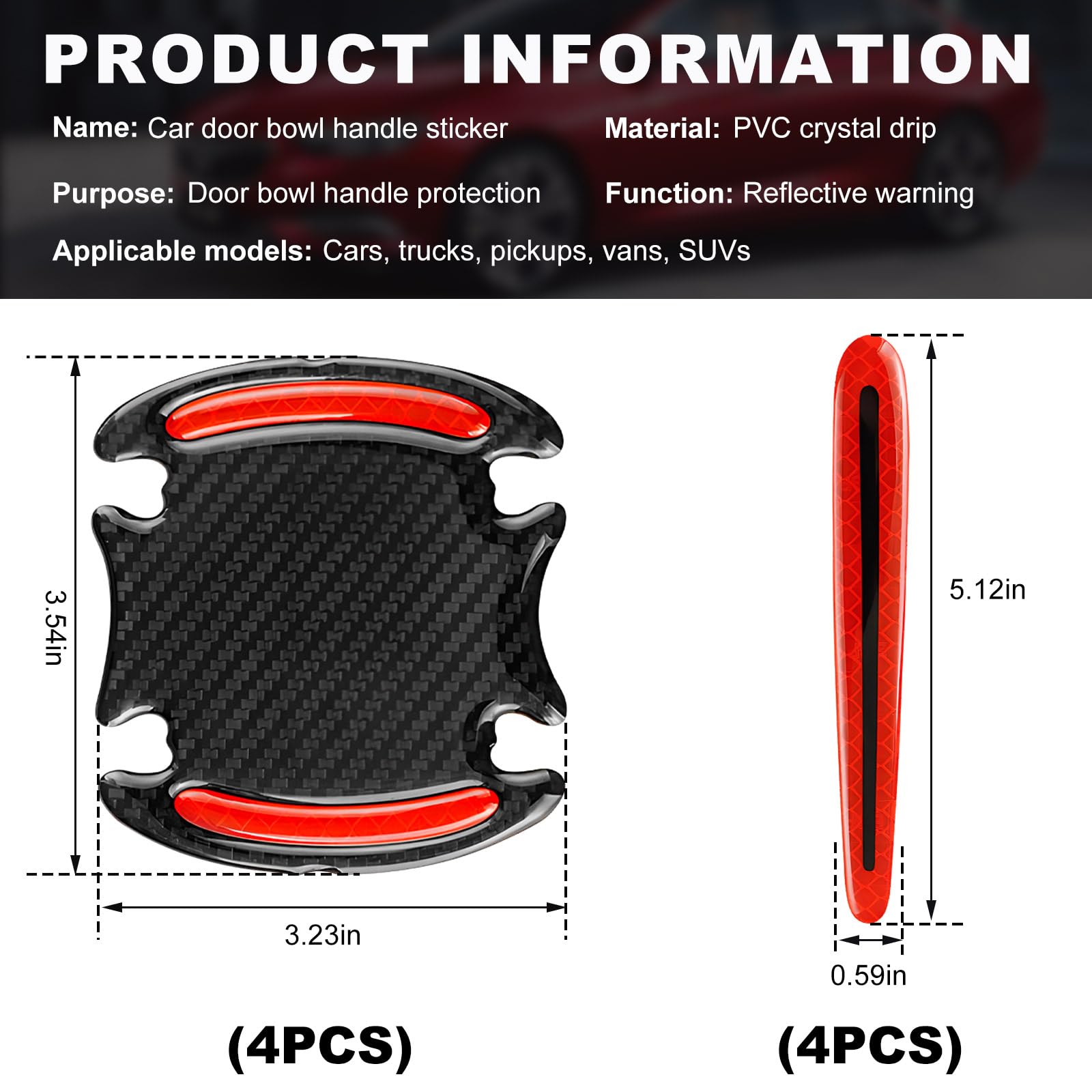 Gasedin 8 PCS Car Door Bowl Stickers, Anti-Scratch Carbon Fiber Reflective Stickers for Car Door Handles, Universal Self-Adhesive Paint Guard Protective Films, Car Accessories (Red)