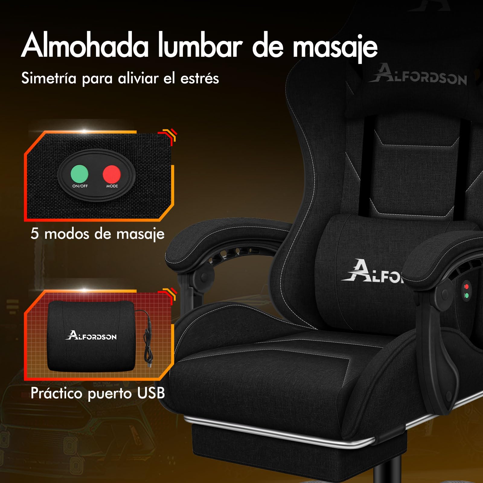 ALFORDSON Silla Gaming Ergonómica con Masaje, Silla Gamer de Oficina con Reposapiés Retráctil, Lumbar Massaggiante,Altura Ajustable,Asiento Cómodo,Reclinable 150°,Soporta 180 kg, Lino(Negra)