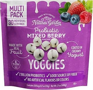 Nature's Garden Probiotic Mixed Berry Yoggies, 21oz (30 x 0.7oz) - Yogurt Covered Fruit Snack, High Fiber, Real Fruit Pieces, Fruit Snack Packs for Adults & Kids