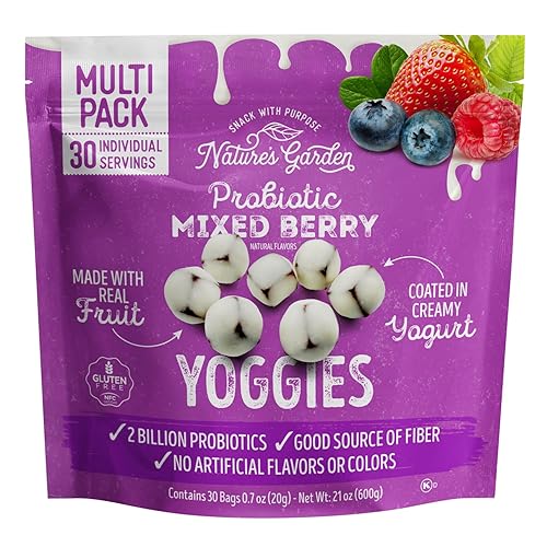 Nature's Garden Probiotic Mixed Berry Yoggies, 21oz (30 x 0.7oz) - Yogurt Covered Fruit Snack , High Fiber,  Real Fruit Pieces, Fruit Snack Packs for Adults & Kids