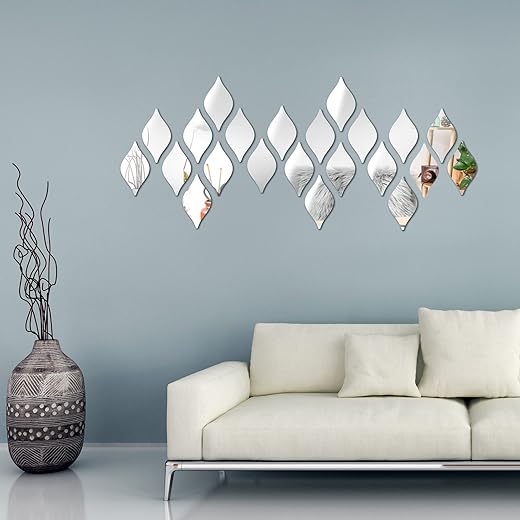 Weysat 30 Pcs Mirror Wall Stickers Decor Acrylic 3D Tear Drop Decorative Mirrors Stickers Removable Wall Art Decals for Home Living Room Bathroom Office Dormitory Decorations, 6 x 3.3 Inch(Silver)