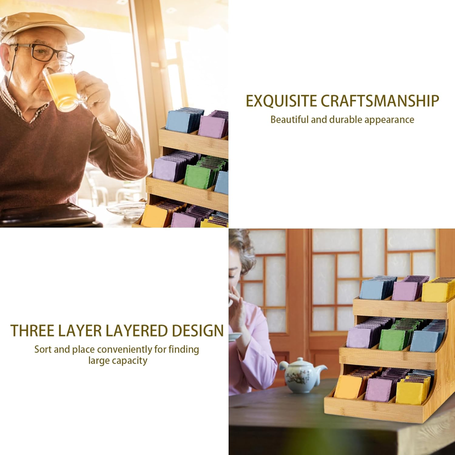 Tea Bag Organiser Holds 180 Tea Bags Organizer Vertical 3 Layer Wooden Caddy Box Elegant Bag Holder for Cafe Sugar Packet Creamers