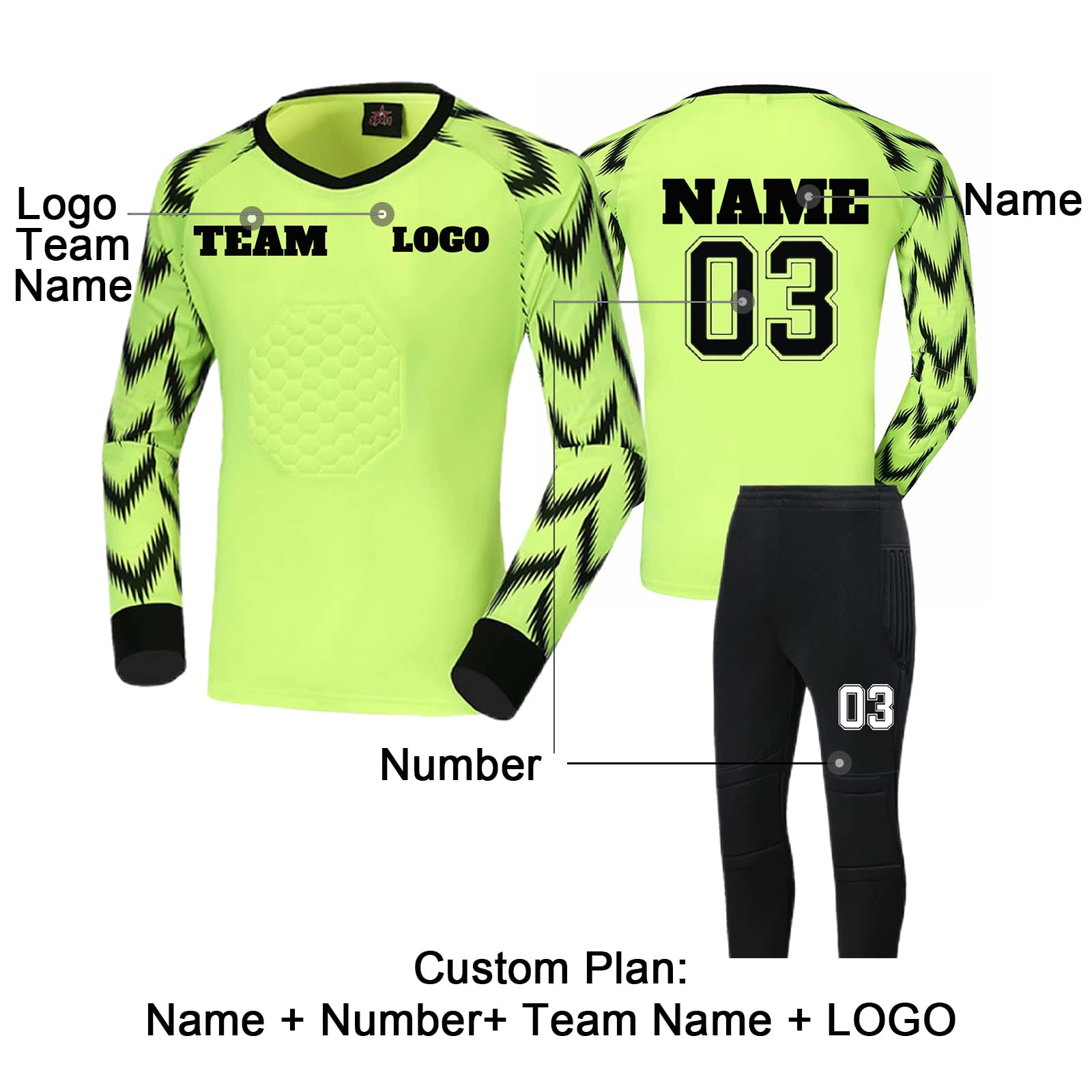 Maillot De Gardien De But Hommes Femmes Enfants, Personnaliser Le Maillot De Gardien De But Ensemble Pantalon À Manches Longues avec Nom Numéro Logo De Léquipe Maillot, Noir