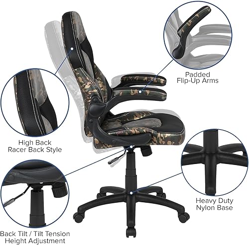 Miniatura 6 de Flash Furniture X10 Gaming Chair Racing Office Ergonomic Computer PC Adjustable Swivel Chair with Flip-up Arms, Camouflage/Black LeatherSoft