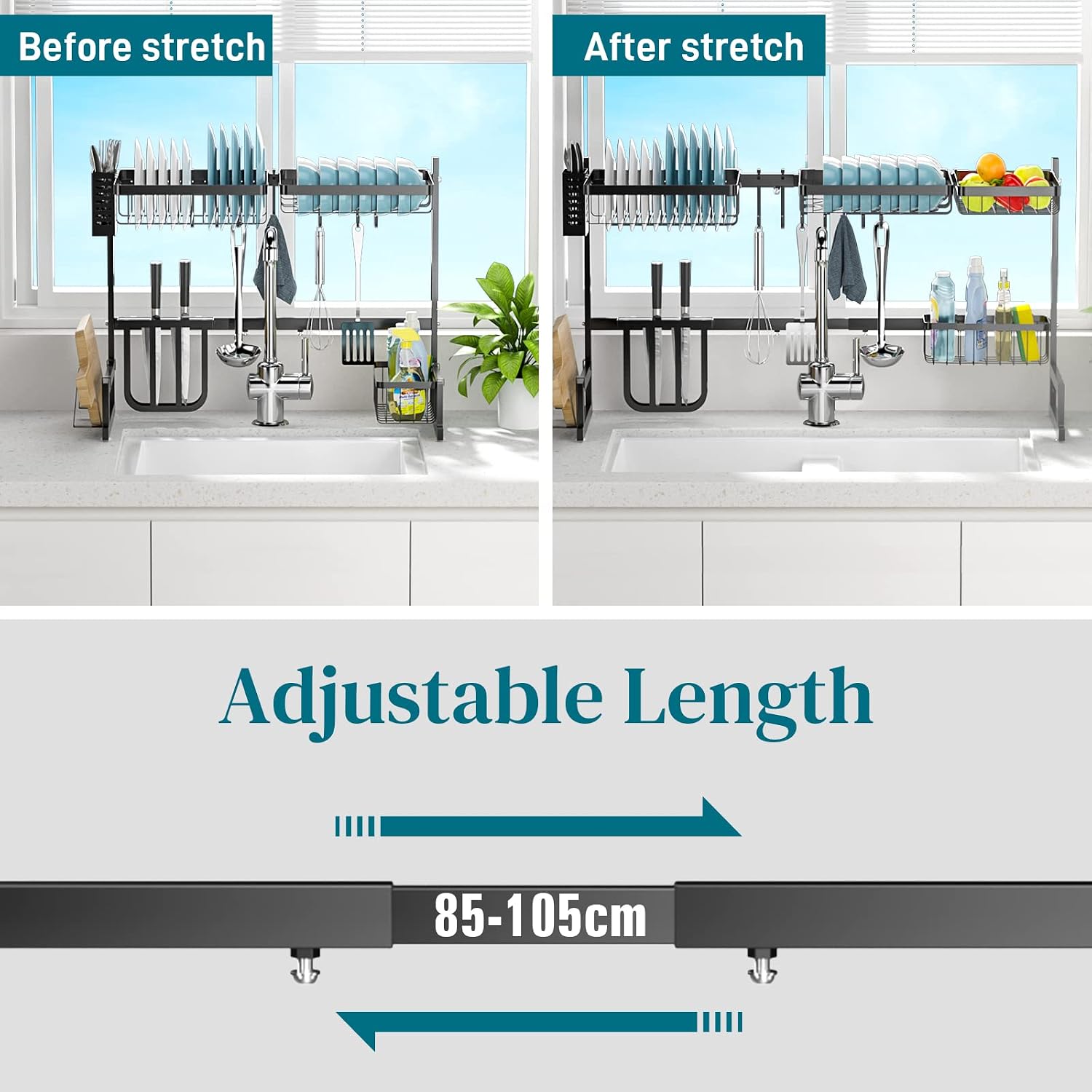 Dish Drying Rack Over Sink Adjustable (25.6"-33.5"),2 Tier Stainless Steel Length Expandable Kitchen Dish Rack,Large Dish Rack Drainer for Kitchen Organizer Storage Space Saver Utensils Holder