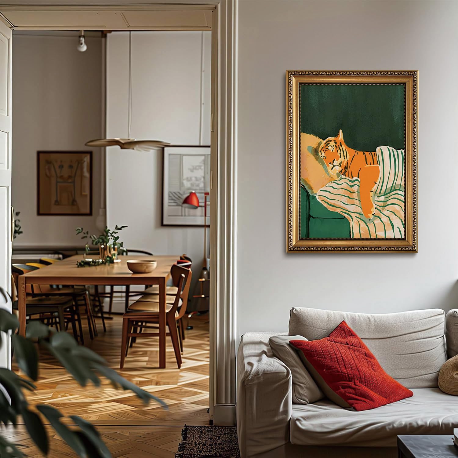 AYHSSMO Gold Framed Wall Art Trendy Tiger Wall Decor Emerald Green Canvas Art Modern Animal Pictures Aesthetic Artwork Paintings For Living Room Bedroom Corridor 16x24in