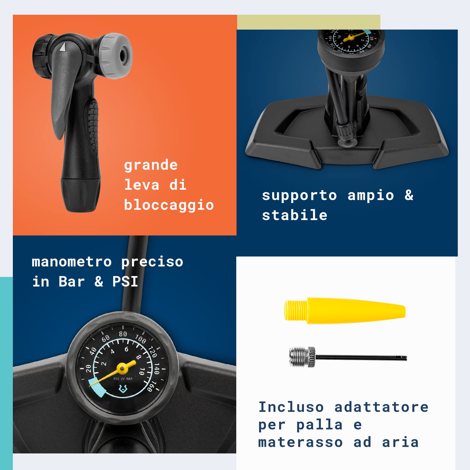 Alphatrail Pompa di pavimento Paul - Per tutte le valvole 11 Bar / 160 PSI pressione massima I manometro grande (Ø48mm) I Incl. adattatore I pompa bicicletta per la valvola presta, schrader & dv