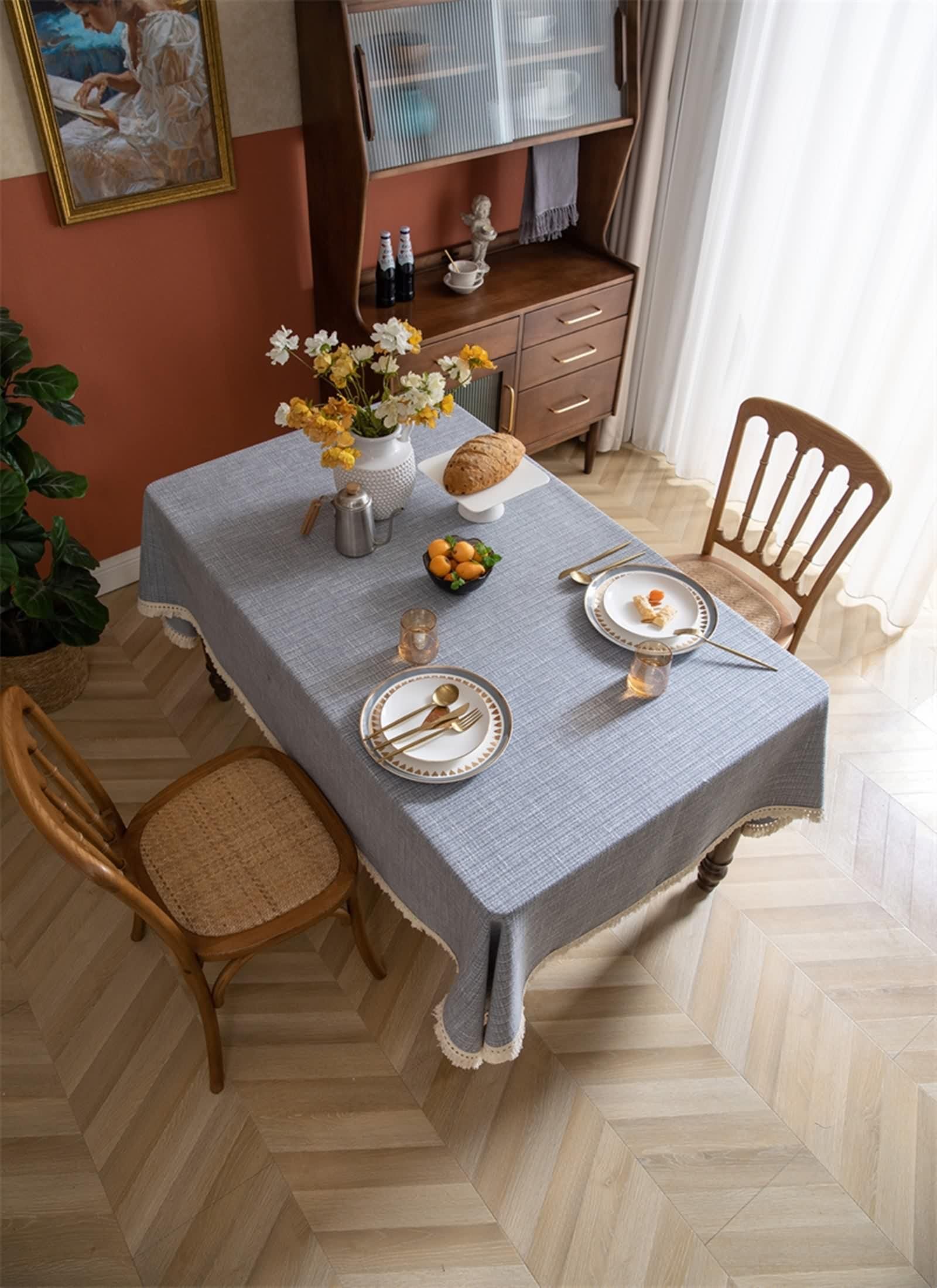Tovaglia Rettangolare Grigia, Tovaglia Soggiorno Elegante Poliestere Tinta Unita con Nappa Copritavolo 100X140CM per Compleanno Festa Matrimonio