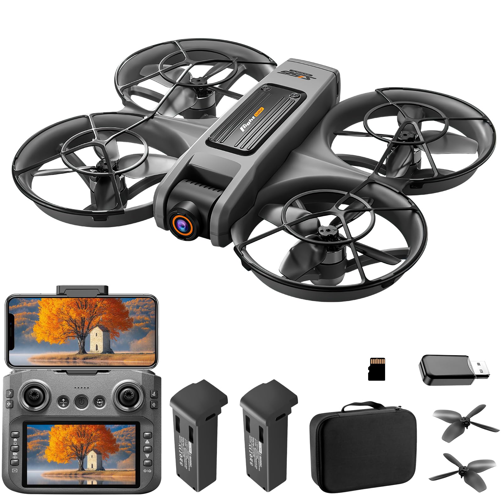 Drone con Cámara, Control Remoto de Pantalla de 4,5 Pulgadas, Tarjeta SD | ﻿ Juguete Volador con luz Nocturna LED, Cámara Ajustable de 90°, 2 Baterías, Adecuado para Adultos y Principiantes