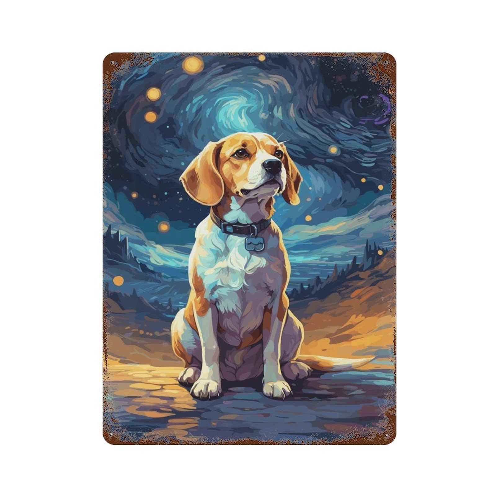 Beagle Starry Night Rust Effect Tin Sign 15.7"x11.8", Ideal for Farmhouse, Kitchen And Entryway Decor