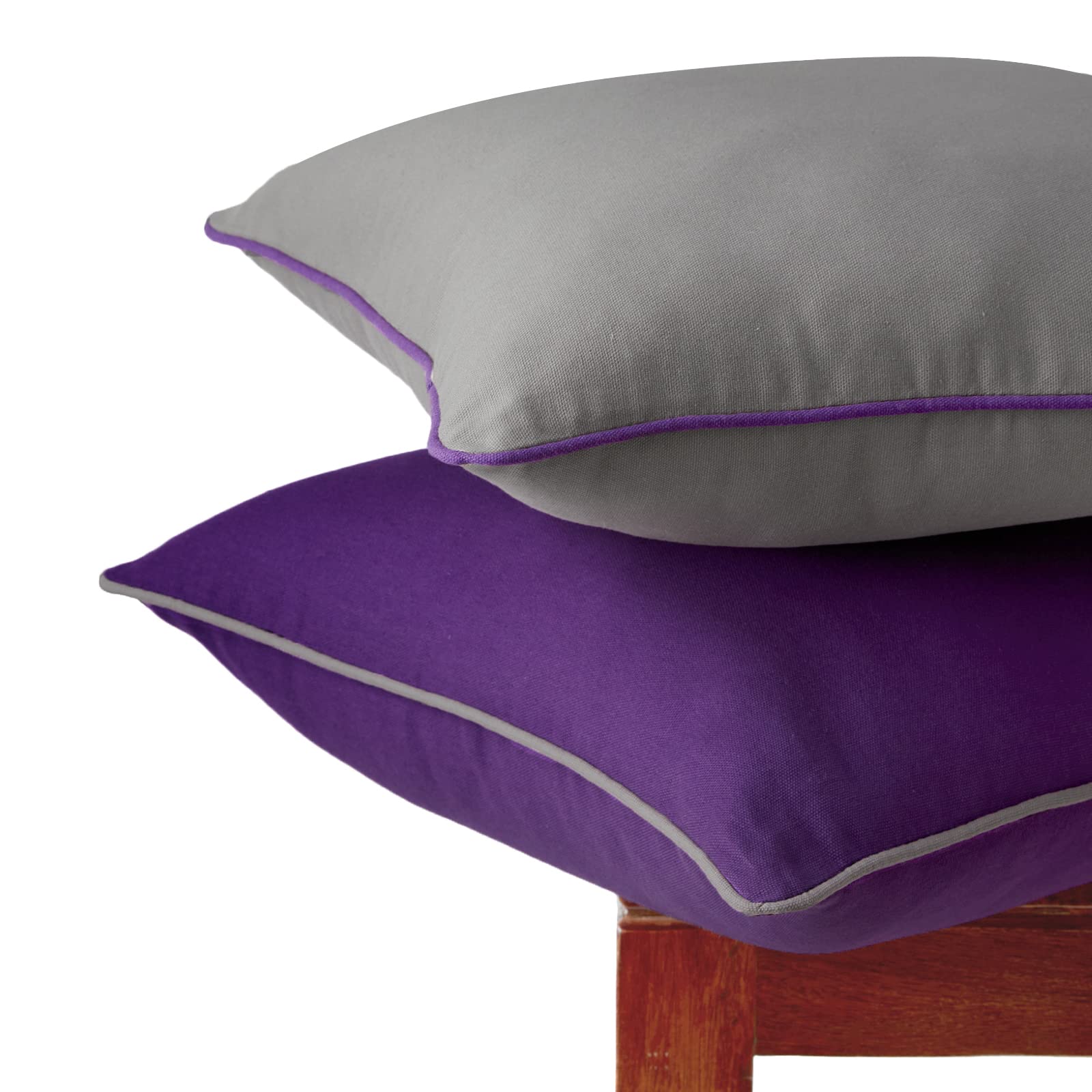EncasaHomes Double-Colored Cushion Covers 2Pcs - Grey+Purple - 40 x 40 cm Solid Dyed Cotton Canvas Modern Pillowcases for Sofa Couch Bed & Home Decoration - Only Covers