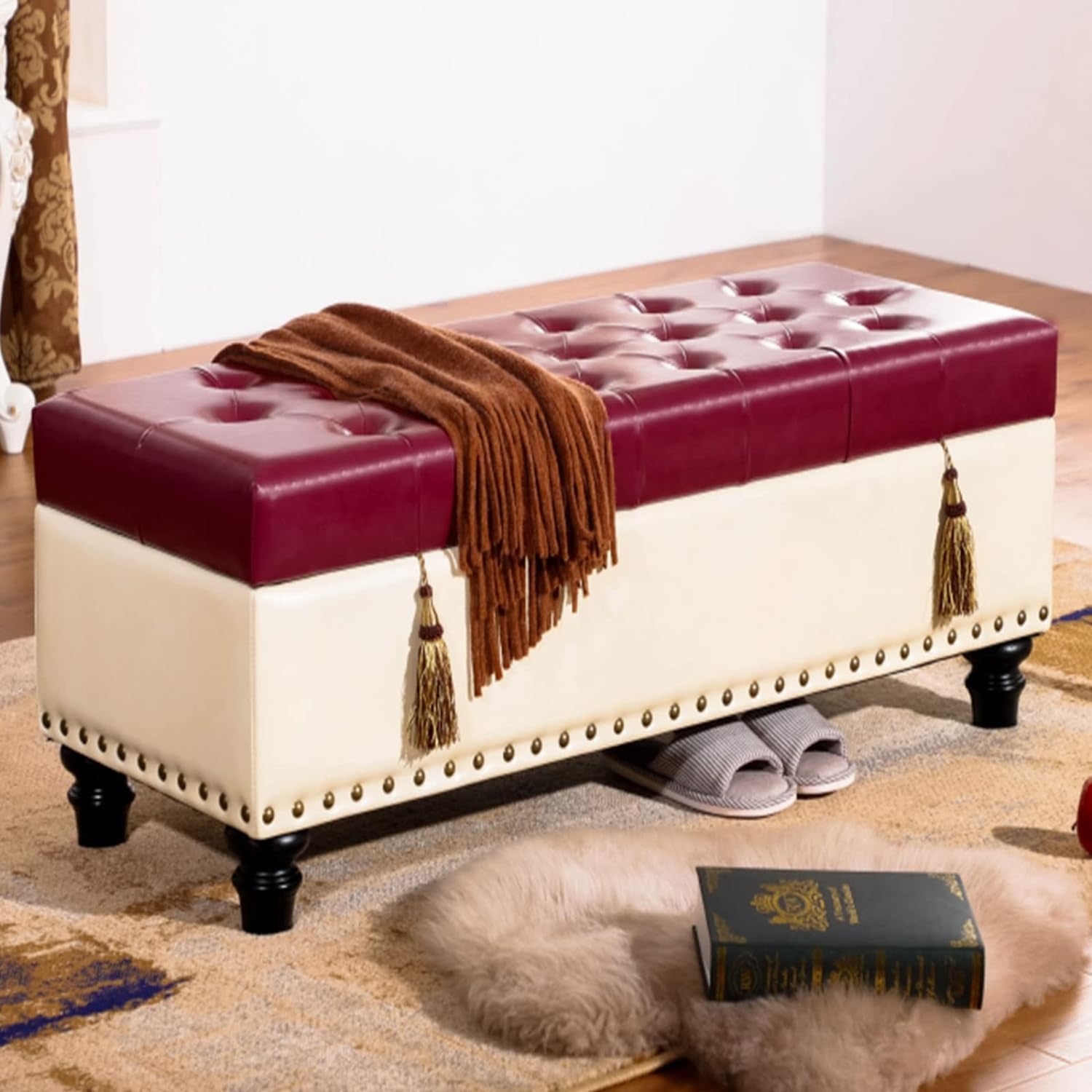 Tabouret ottoman en cuir vert 39x18x17 pouces avec banc de rangement clouté pour votre salon